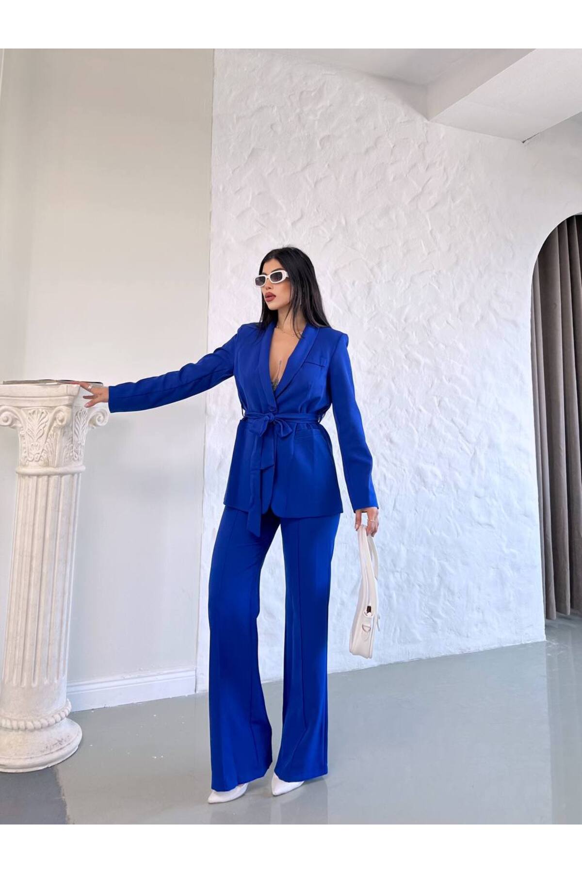 Ensemble Blazer et Pantalon Ceinturé pour Femme Bleu Clair - Görsel 13