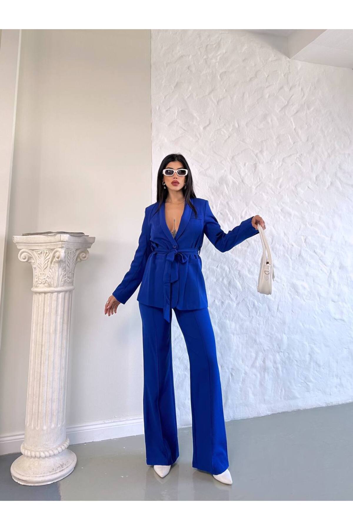 Ensemble Blazer et Pantalon Ceinturé pour Femme Bleu Clair - Görsel 11