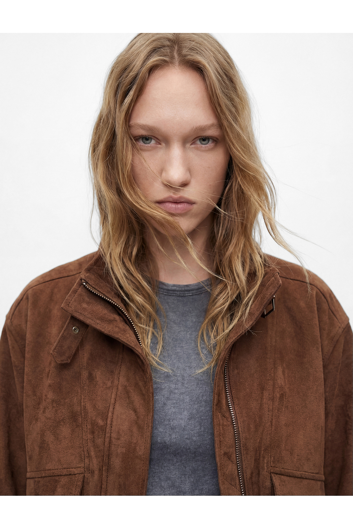 Koton  Uzun Kollu Cep Detaylı Fermuarlı Dik Yaka Süet Görünümlü Ceket - Görsel 2