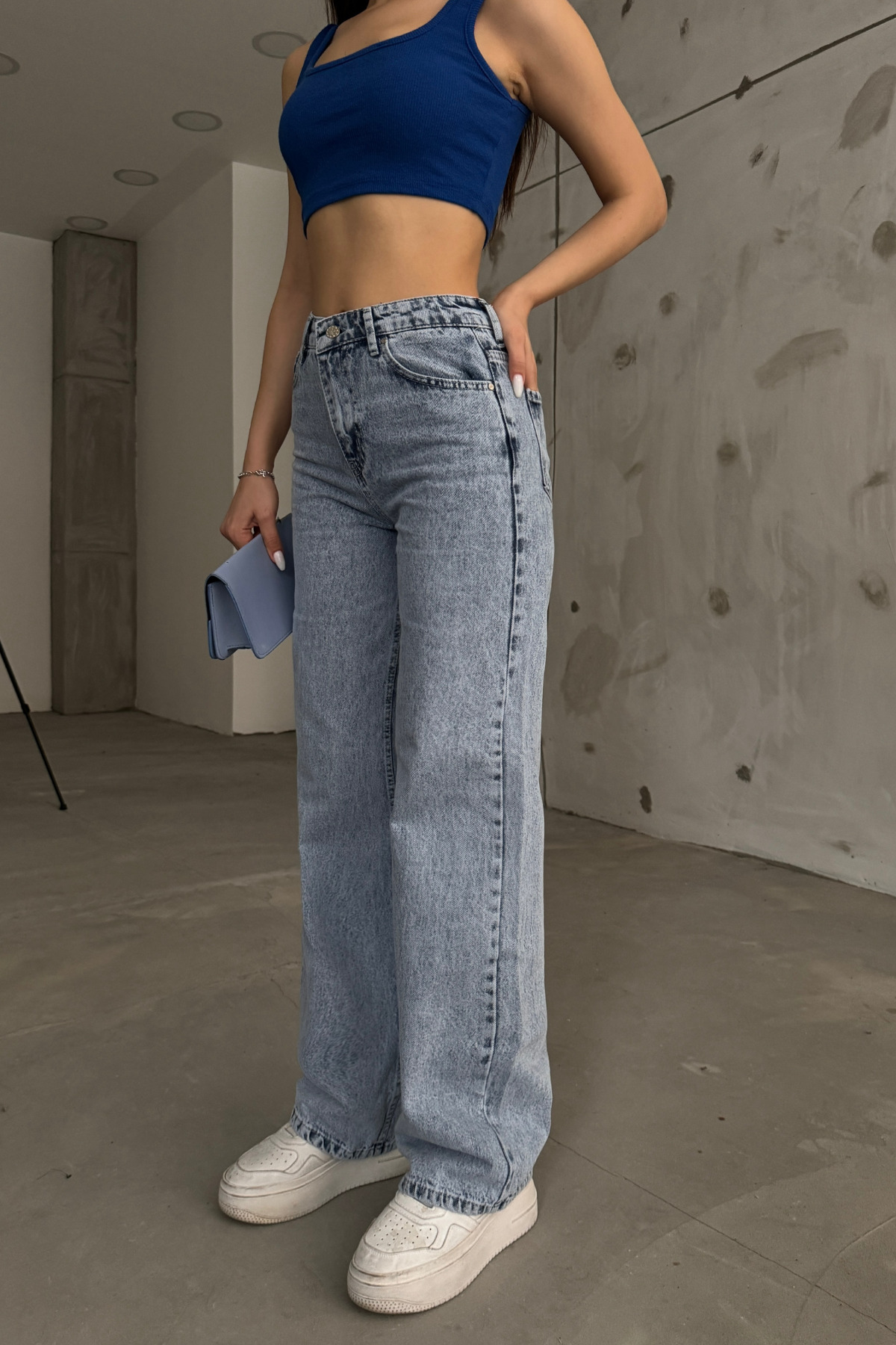 BİKELİFE Γυναικείο Ανοιχτό Μπλε Snow Wash Ψηλόμεσο Lycra Stretchy Wide Leg τζιν