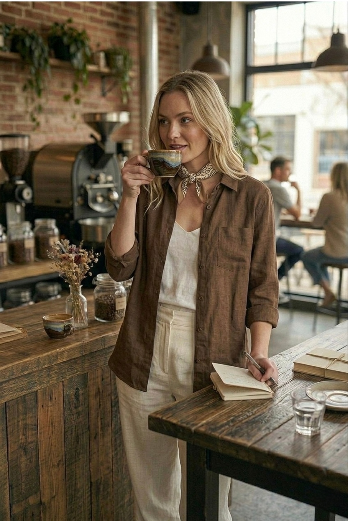 miremiran  Doğal Keten Kumaş Oversize Salaş Kalıp Kadın Gömlek Rahat Kesim KAHVERENGİ - Görsel 4