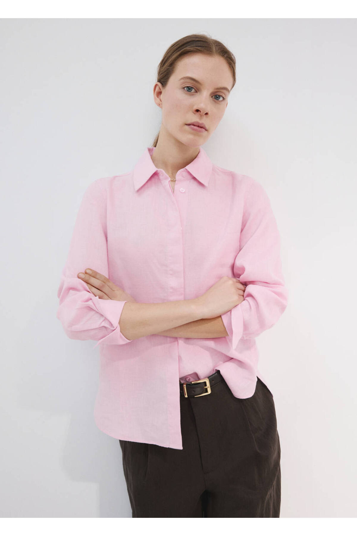 MANGO  Düz kesim keten gömlek - Görsel 6