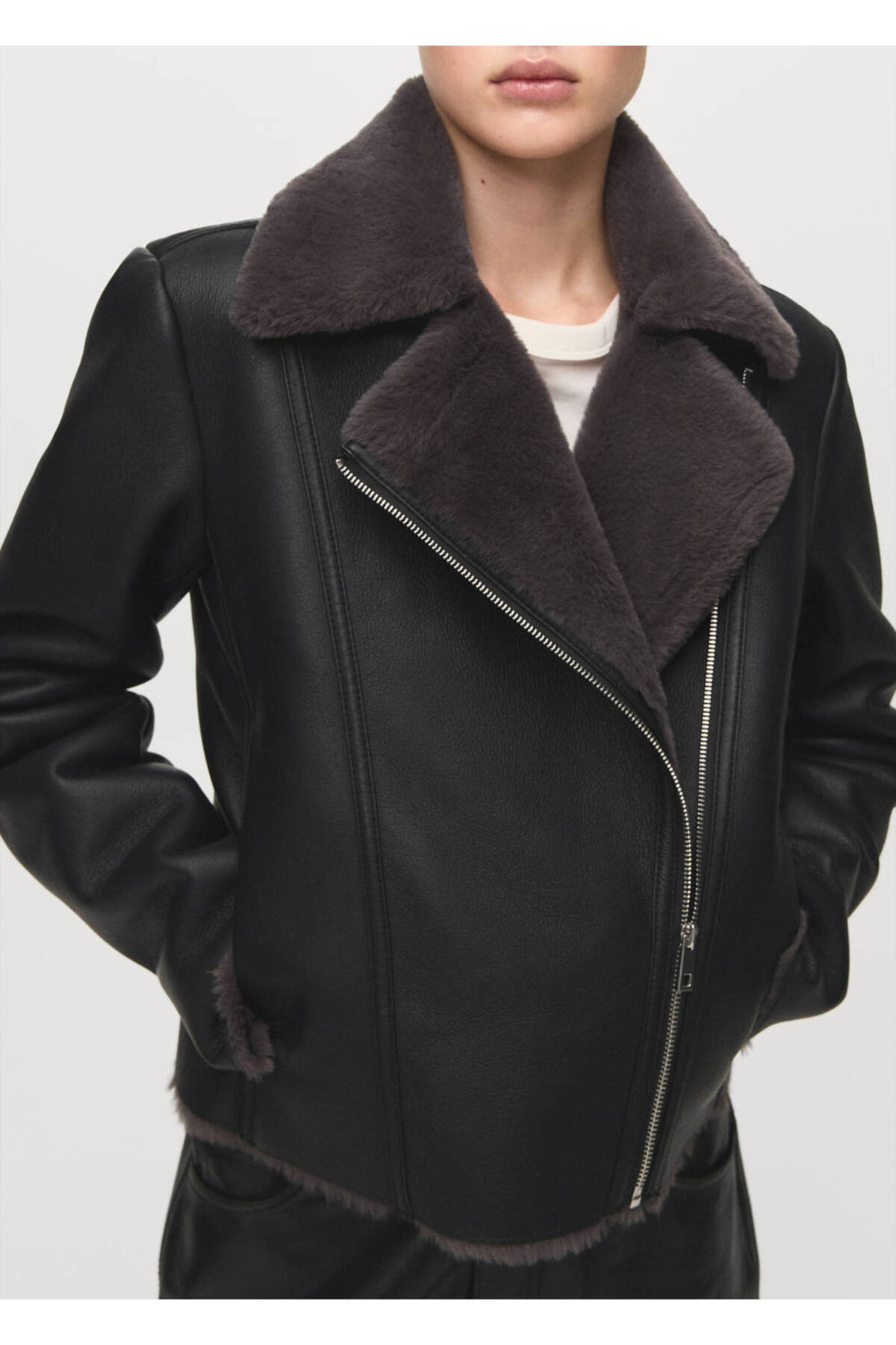 MANGO  Kürk detaylı biker ceket - Görsel 6