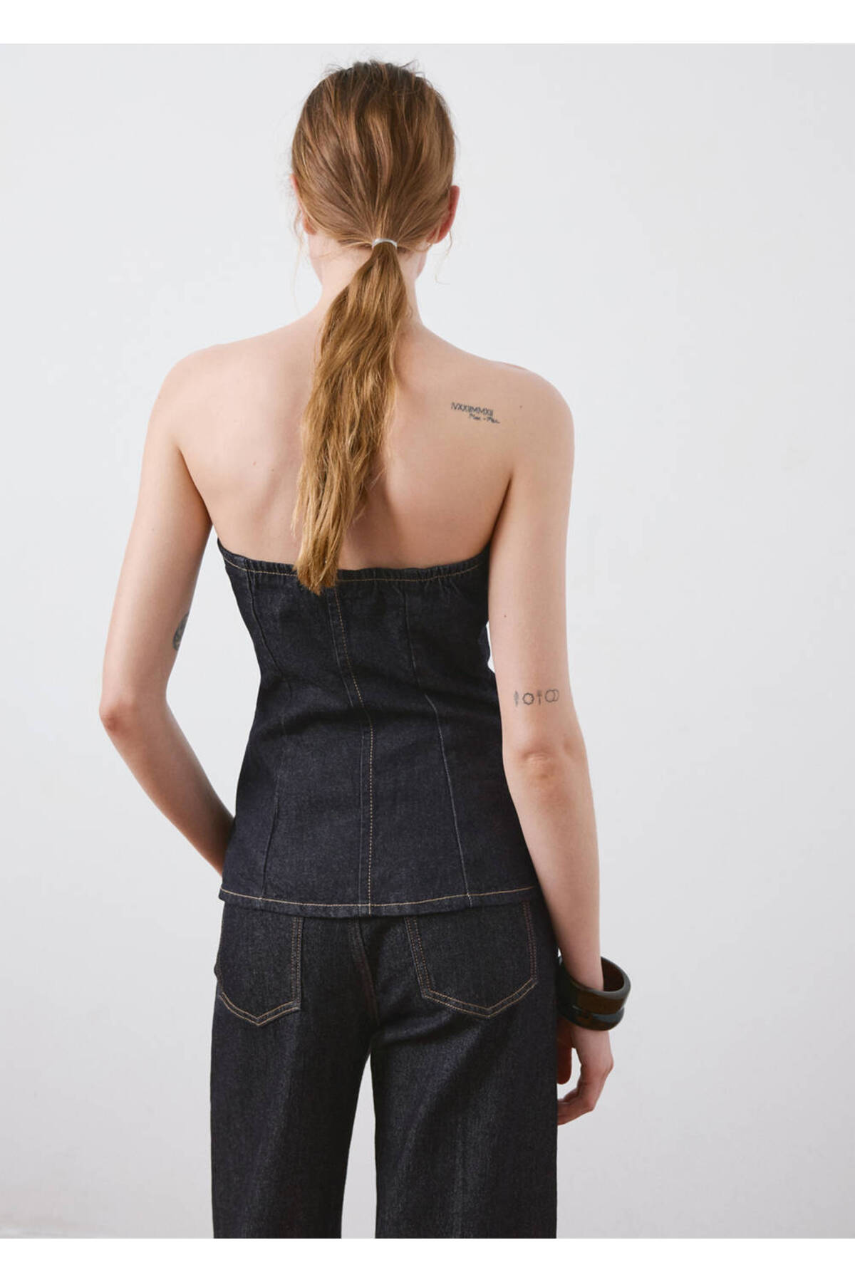MANGO  Straplez denim bluz - Görsel 4