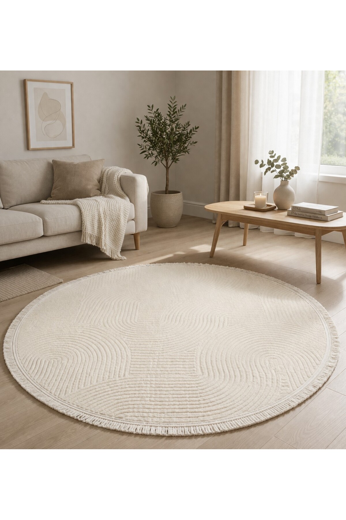Relief Round Flat Fringed Joy Cream Anti-Slip Sole Carpet Runner