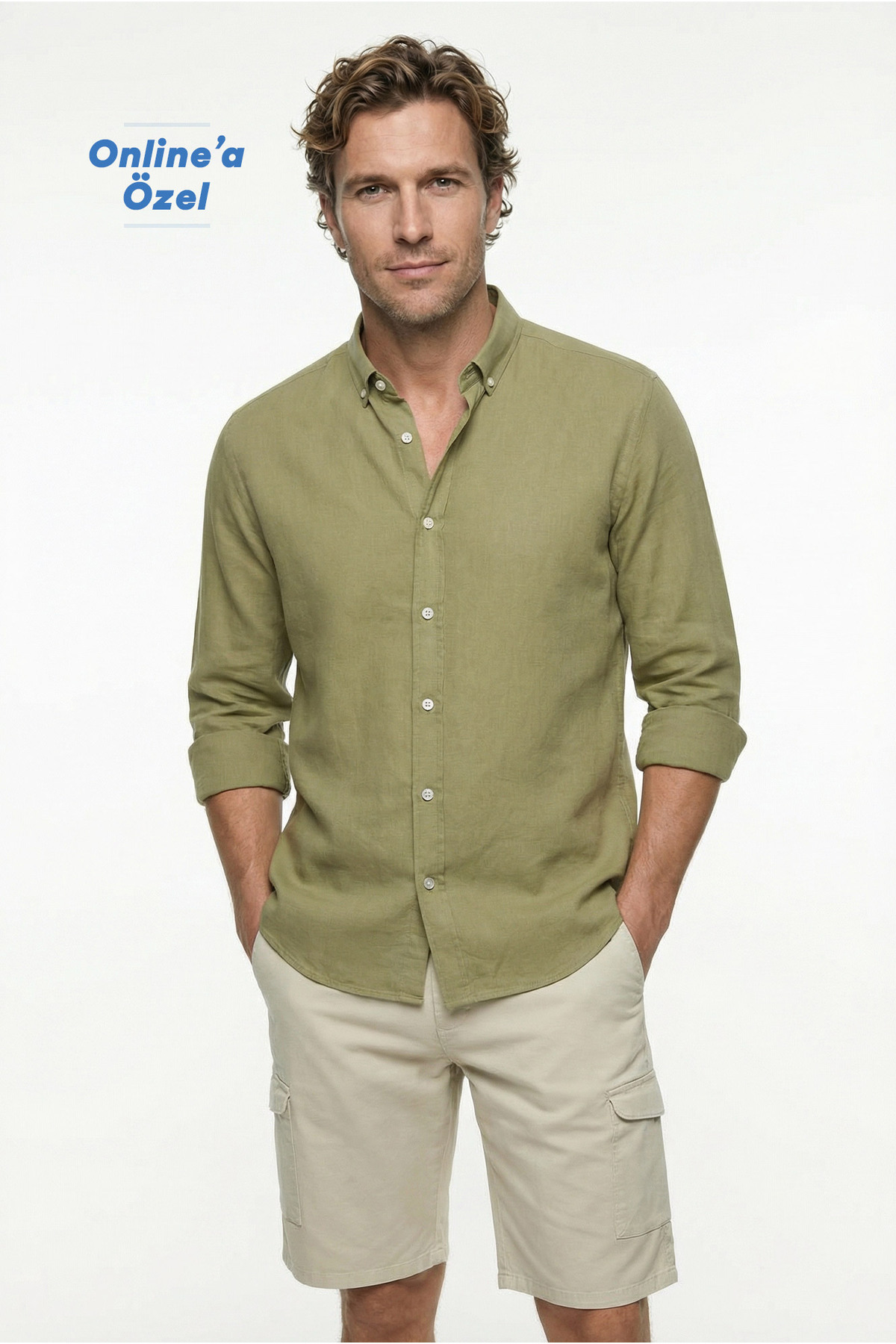Kiğılı  Uzun Kol Regular Fit Düğmeli Yaka Spor Pamuk Nefes Alabilen Keten Görünümlü Gömlek