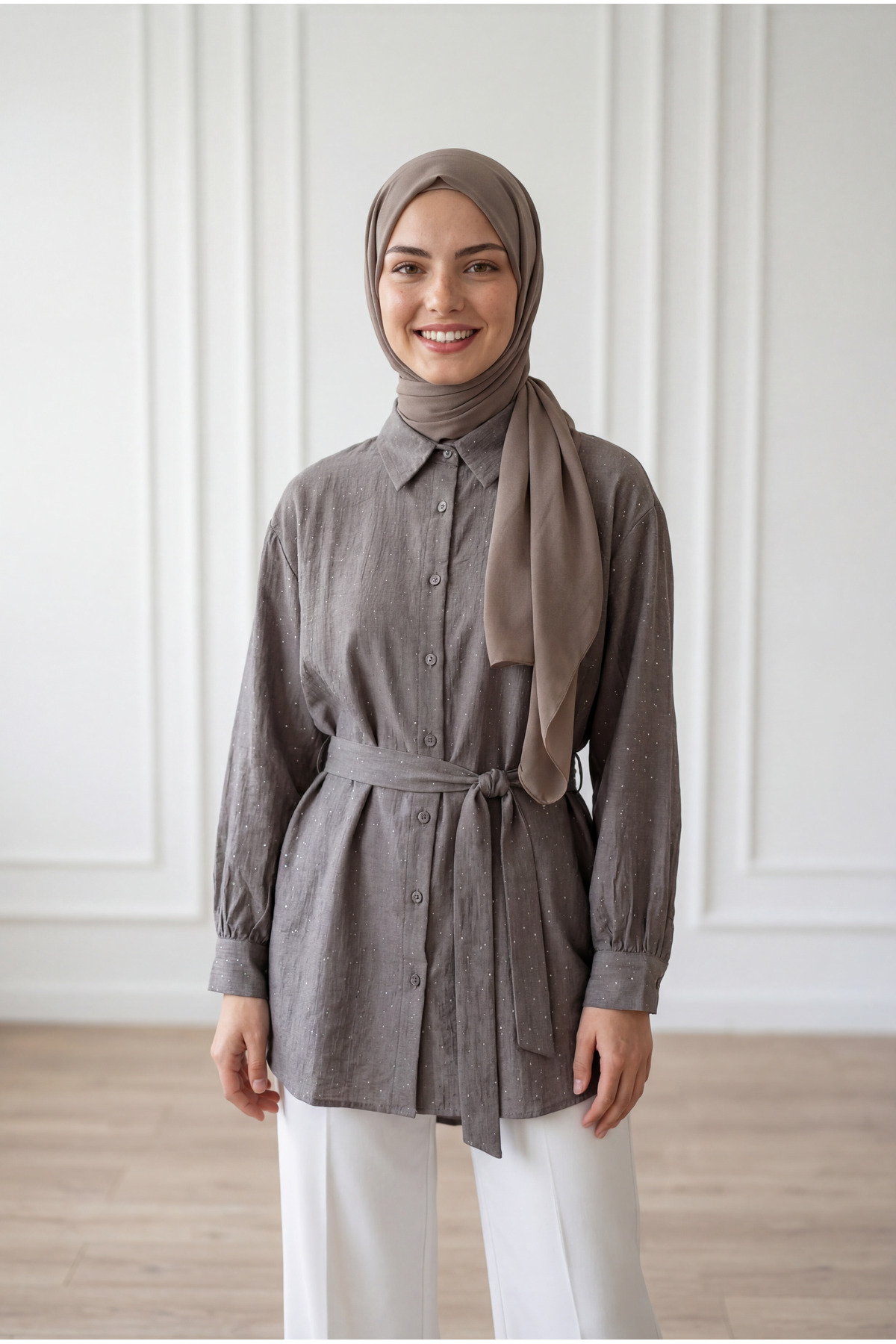 Nihan Full Stone Shirred Strawberry Shirt-NA846 Mink