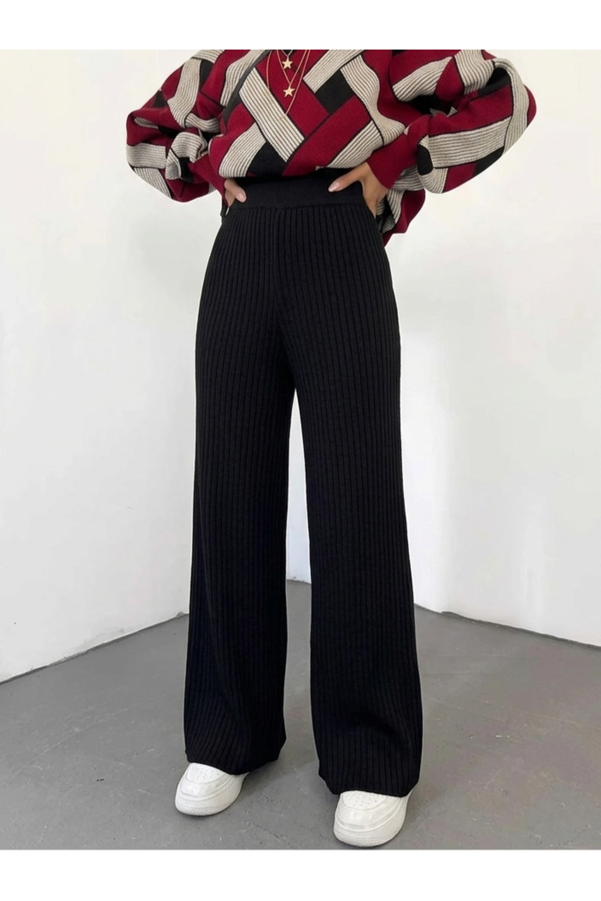 Genel Markalar Kadın kışlık rahat kalıp bol paça comfort beli lastikli triko pantolon