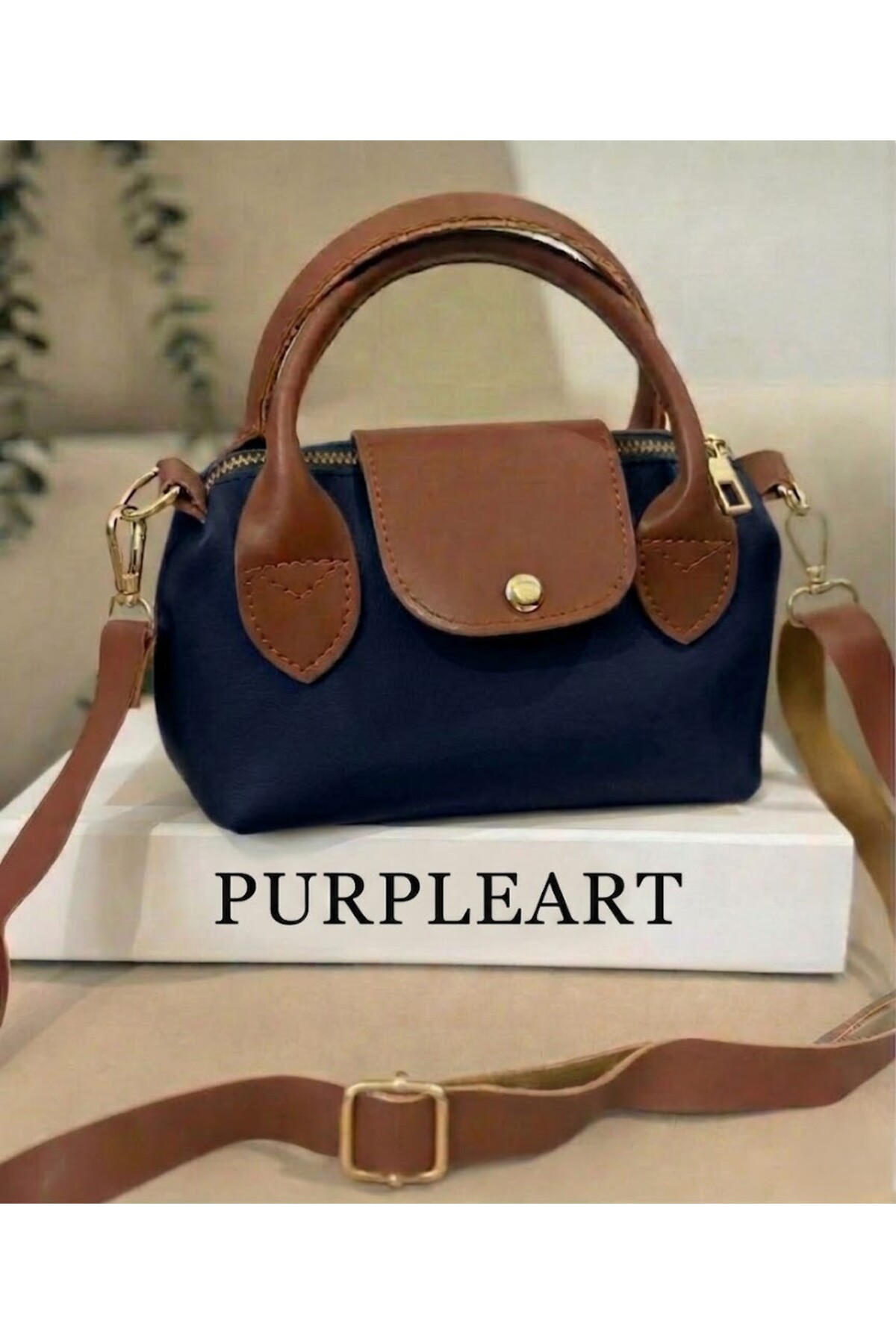 PurpleART Kadın Lacivert ve Taba Detaylı Çift Renkli Minimal Omuz ve Çapraz Çanta - Marine Stil