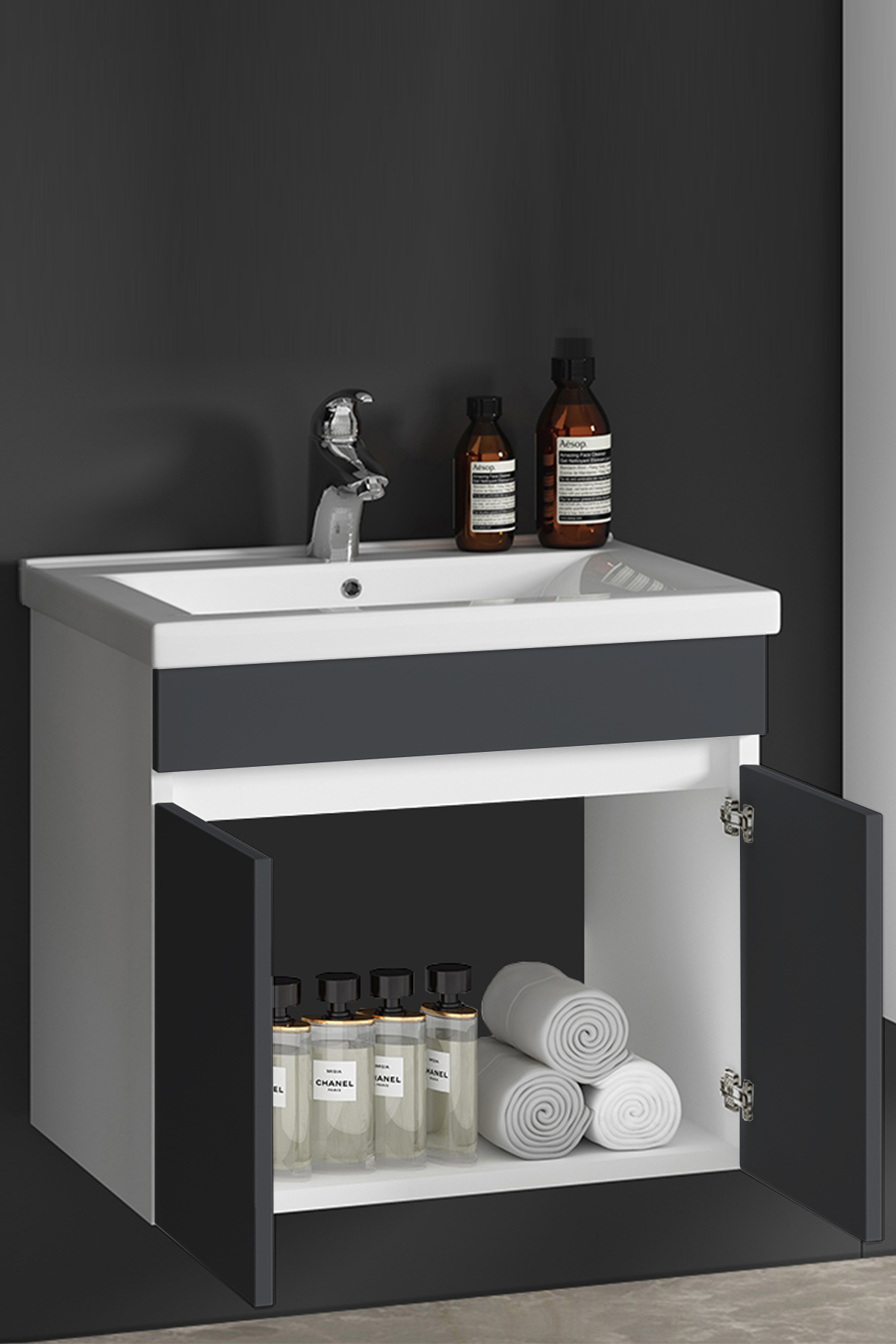 ÖZCEDEN Çiğdem 65 Cm Beyaz-Antrasit Gri Mat Mdf Seramik Lavabolu
