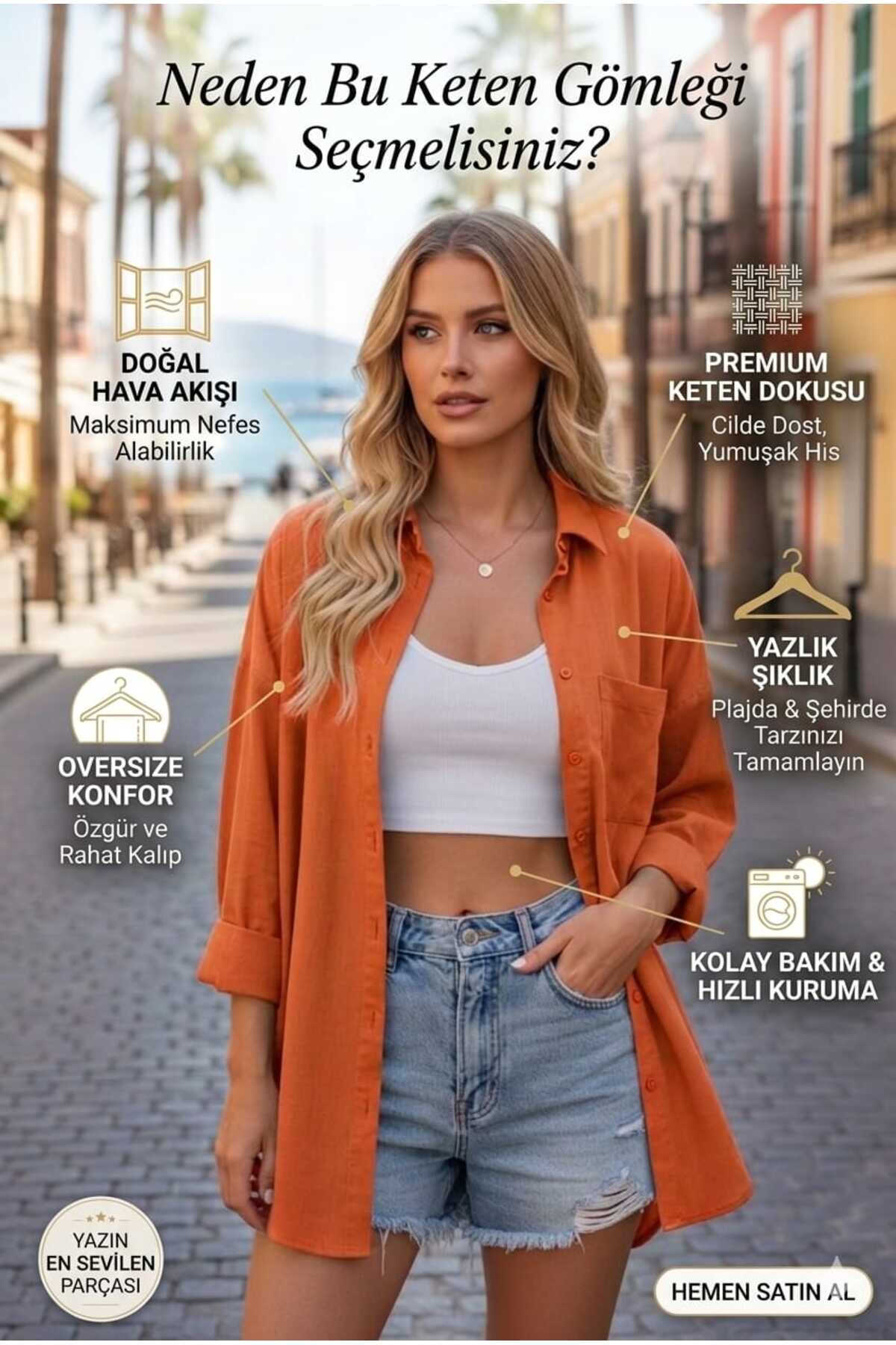 Modabenna  Turuncu Oversize Yazlık Pamuk Keten Gömlek Cepli Trend Salaş Düşük Omuz Kadın - Görsel 3