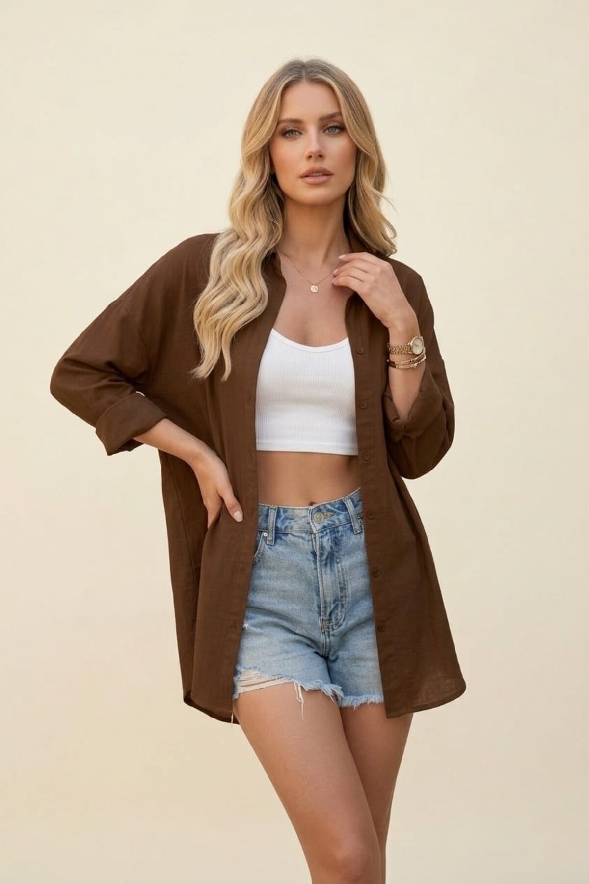 Modabenna  Koyukahve Oversize Yazlık Pamuk Keten Gömlek Cepli Trend Salaş Düşük Omuz Kadın