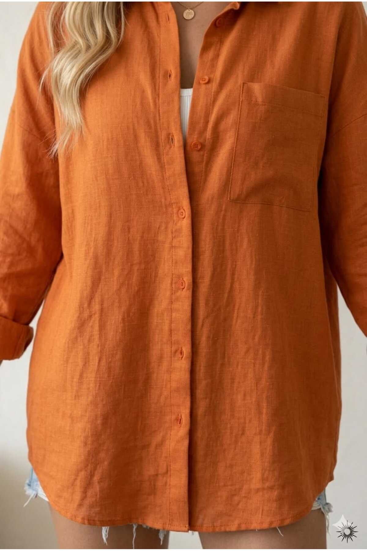 Modabenna  Turuncu Oversize Yazlık Pamuk Keten Gömlek Cepli Trend Salaş Düşük Omuz Kadın - Görsel 4