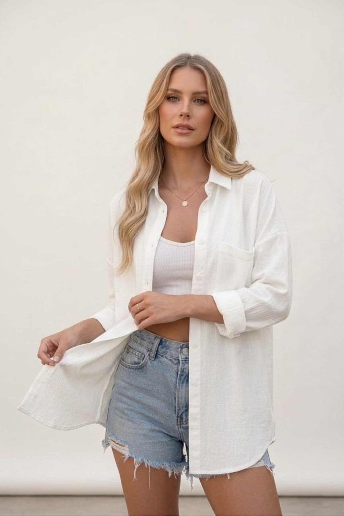 White Oversize Summer Cotton Linen Shirt with Pocket Trend Shabby Low Shoulder Women