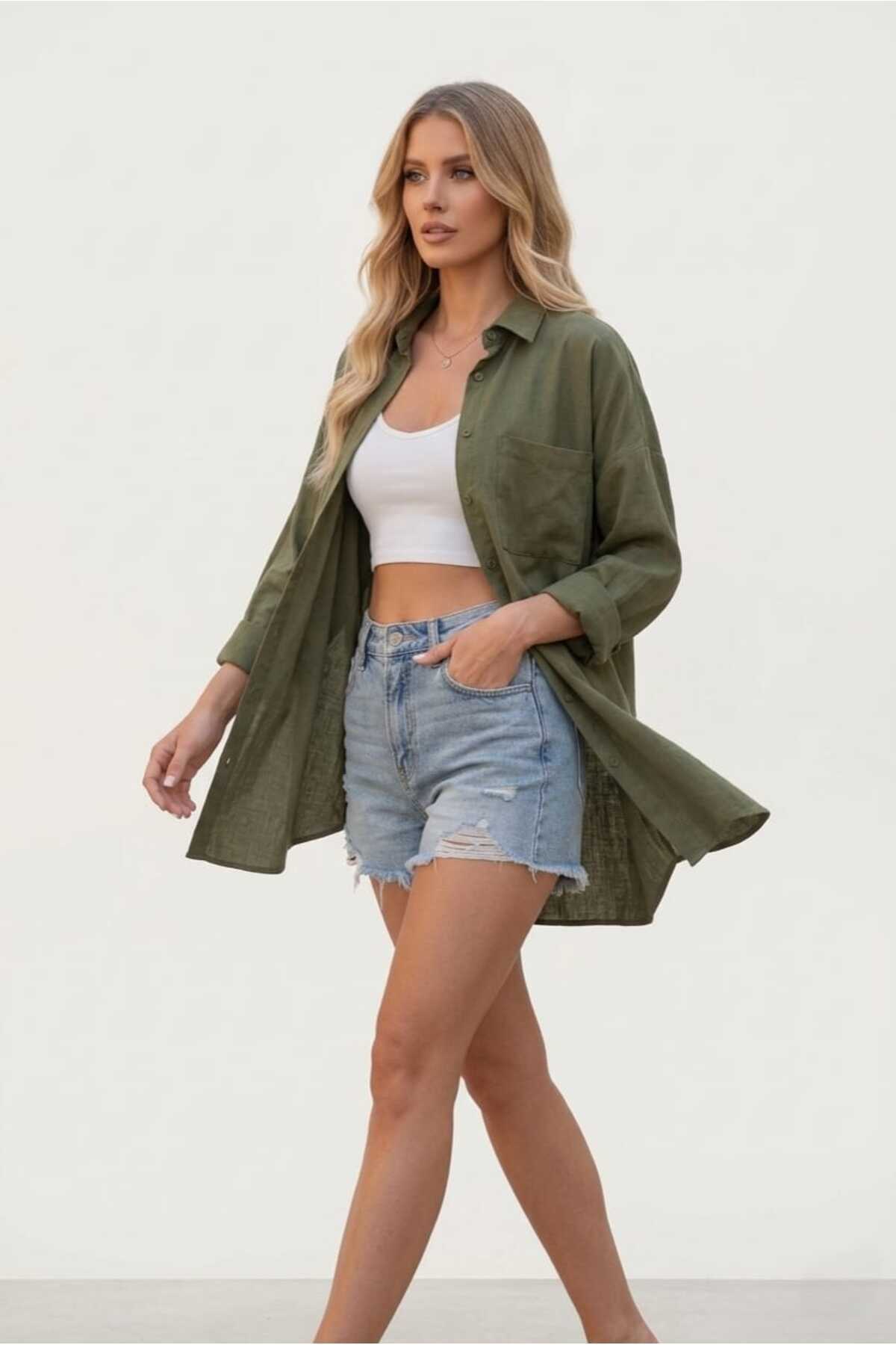 Modabenna  Haki Oversize Yazlık Keten Gömlek %100 Pamuk Cepli Trend Geniş Kalıp Düşük Omuz Kadın - Görsel 8