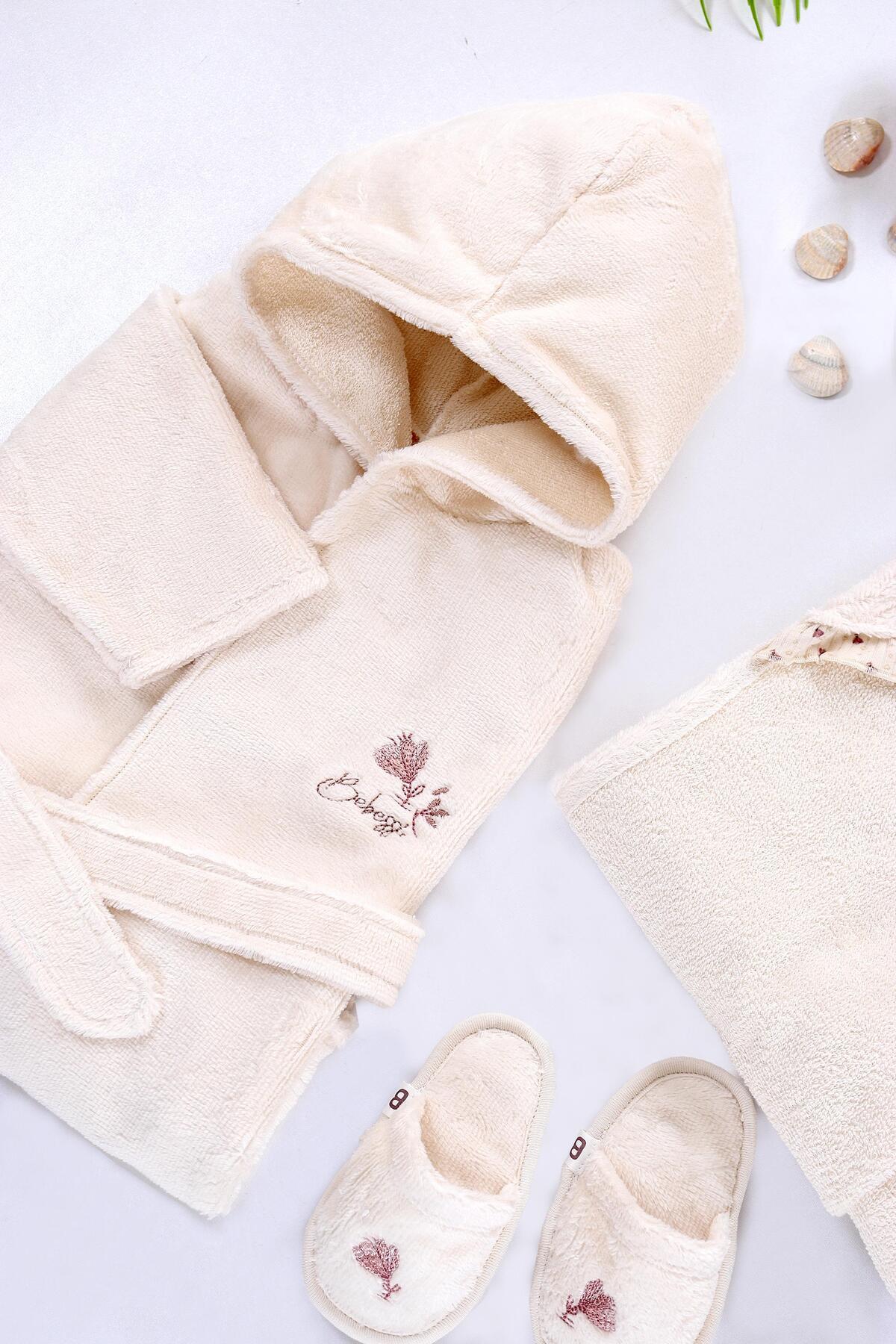 Sitilin Kız Erkek Bebek Unisex Lüks Bornoz Takımı  Havlu Seti % 100 Pamuk Kumaş 0- 2 Yaş STL6579 fotoğrafı 3 (önizleme)