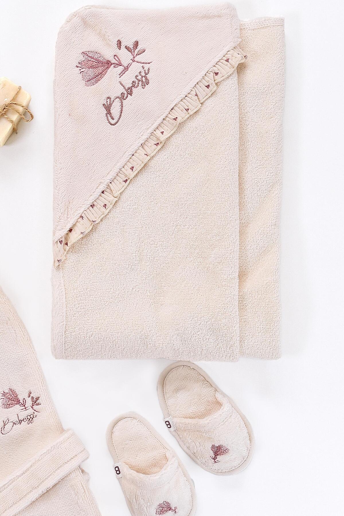 Sitilin Kız Erkek Bebek Unisex Lüks Bornoz Takımı  Havlu Seti % 100 Pamuk Kumaş 0- 2 Yaş STL6579 fotoğrafı 5 (önizleme)