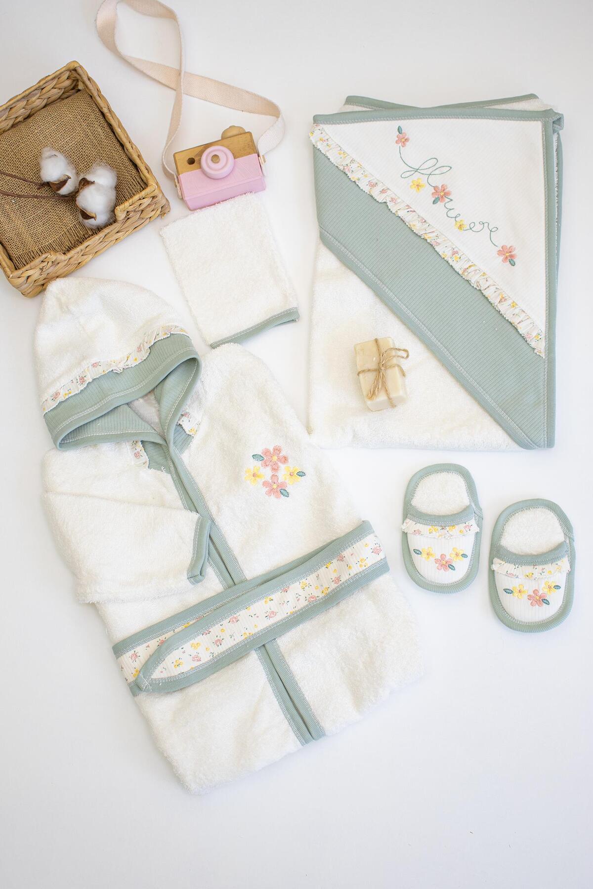 Sitilin Kız Erkek Bebek Yeşil Bornoz Takımı Havlu Seti % 100 Pamuk Kumaş STL6230 fotoğrafı 2 (önizleme)