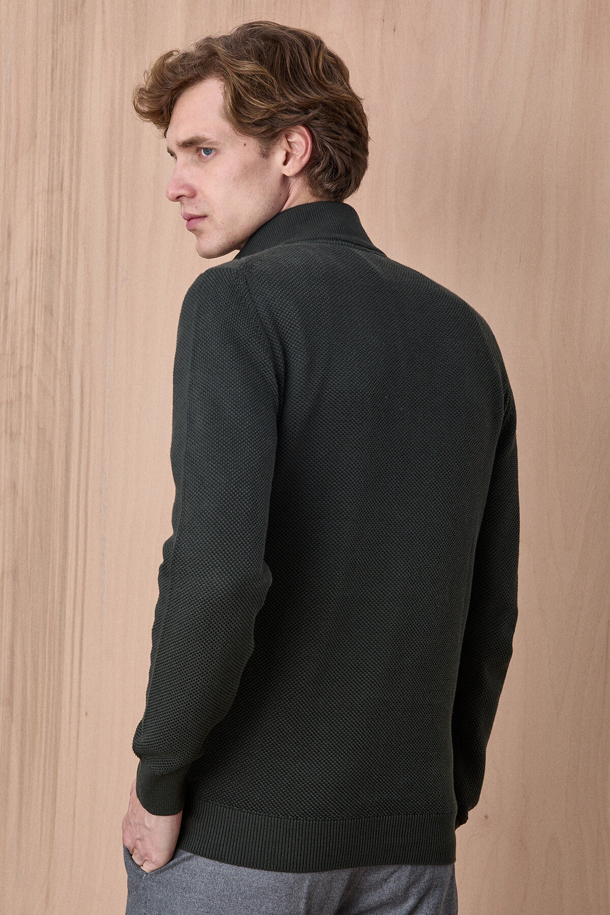 SMILE Borger Dark Green Cotton Short Zippered Knitwear- Trendyol