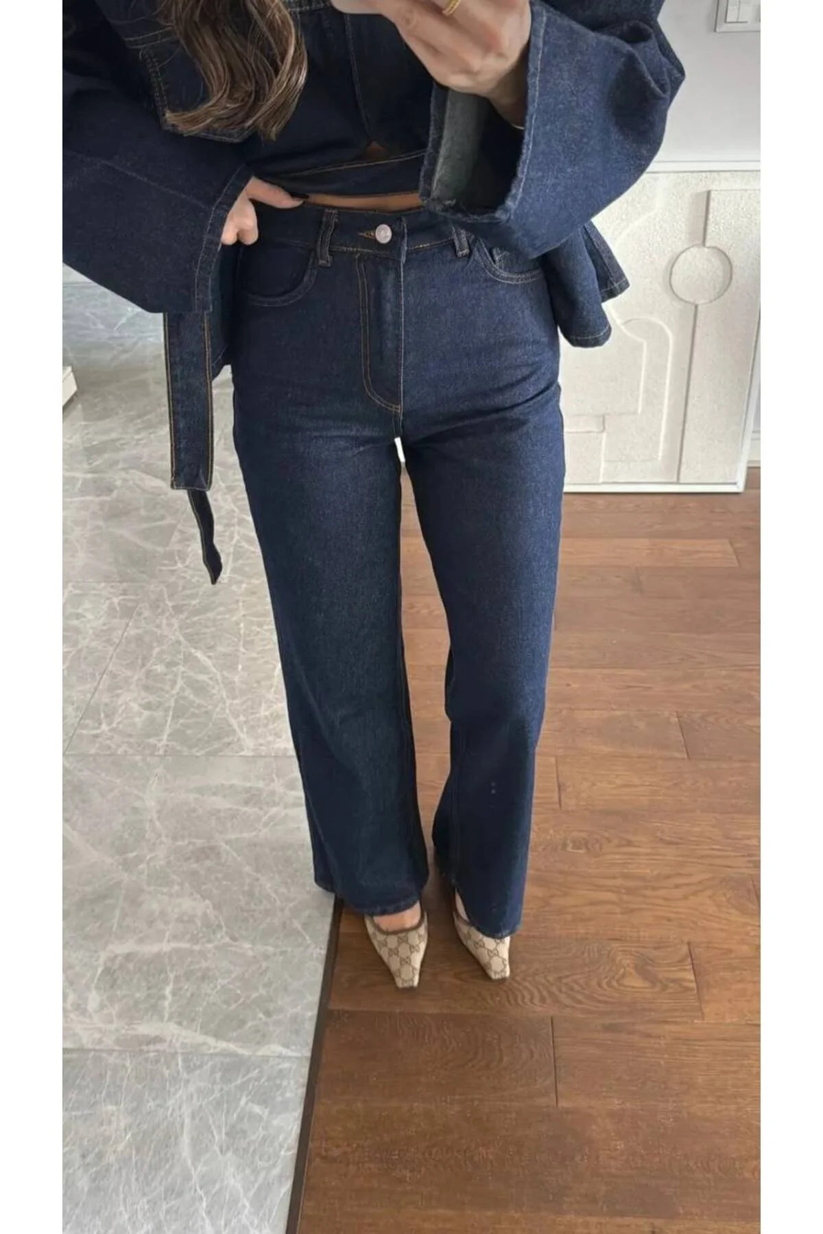 Koyu Lacivert Belden Bağlamalı Oversize Denim Takım Ceket Pantolon