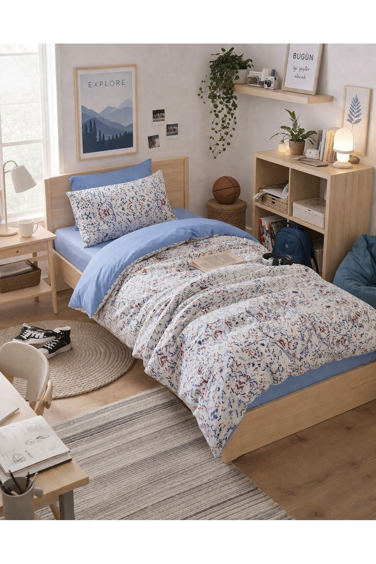 MyStory Home Lastikli Çarşaflı Tek Kişilik Nevresim Takımı Bluem fotoğrafı 2 (önizleme)