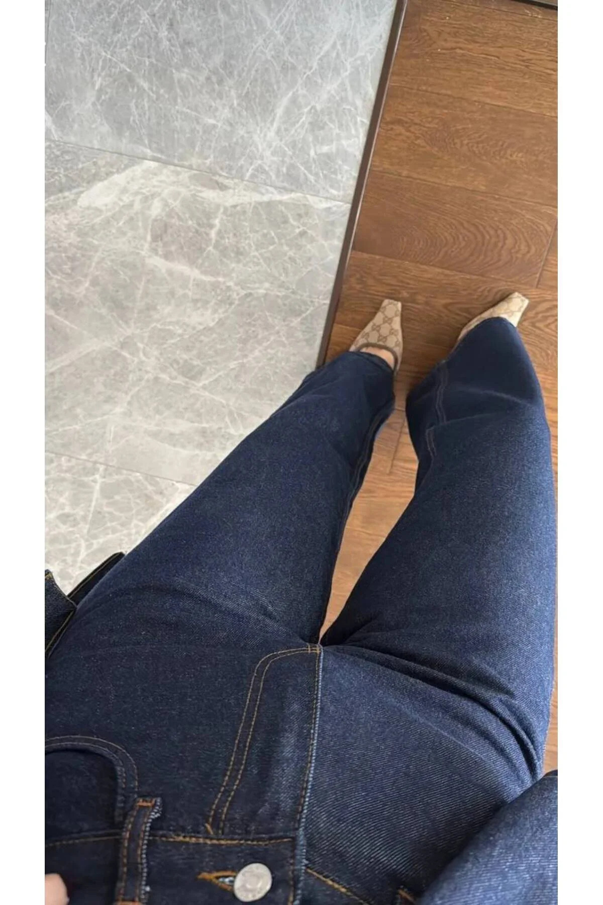 Koyu Lacivert Belden Bağlamalı Oversize Denim Takım Ceket Pantolon
