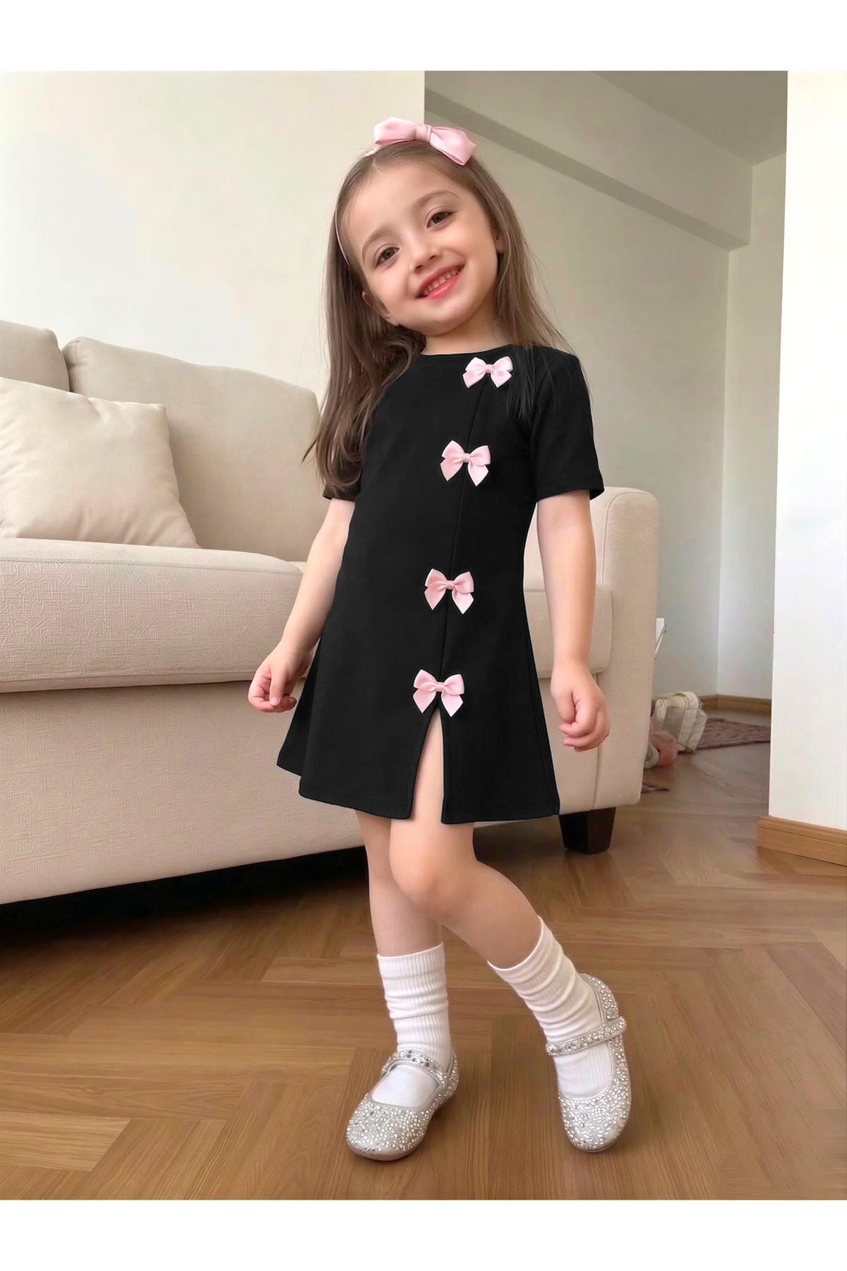 uyguntarz  Kız Çocuk Siyah Mini Elbise Pembe Fiyonk Detaylı Modern Tasarım - Görsel 3