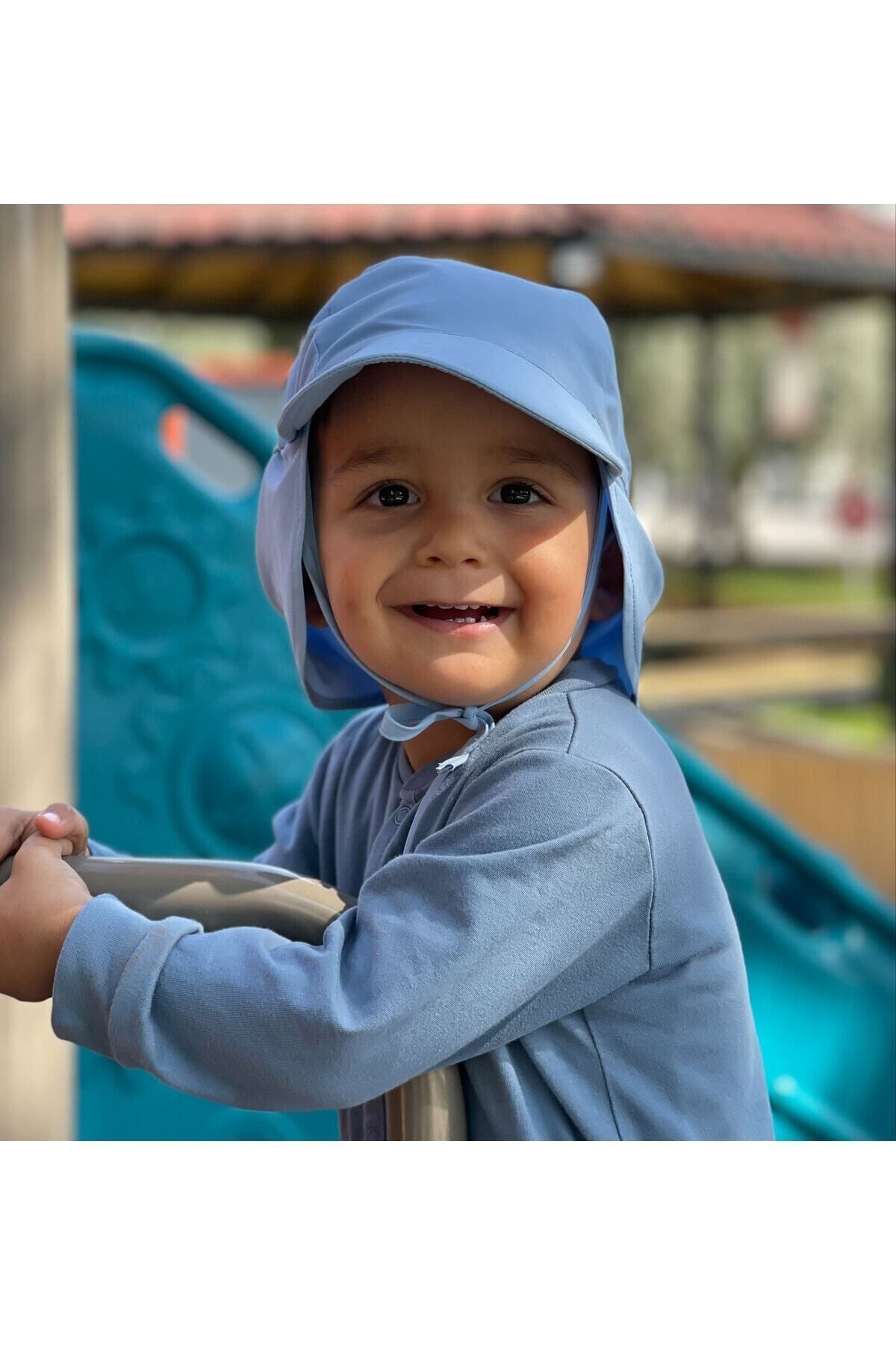 yorni Mavi, Ense Korumalı, Boyundan Bağlamalı, Lastikli Ayar Tokalı, Çocuk Bebek Güneş Şapka fotoğrafı 3 (önizleme)