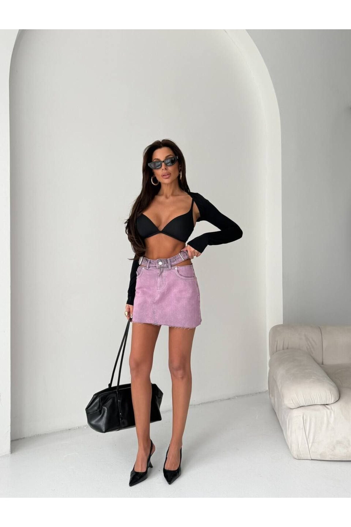 HerTon  Kadın Cut-Out Detaylı Kemerli Jean Mini Etek - Tasarım Denim Etek - Görsel 4