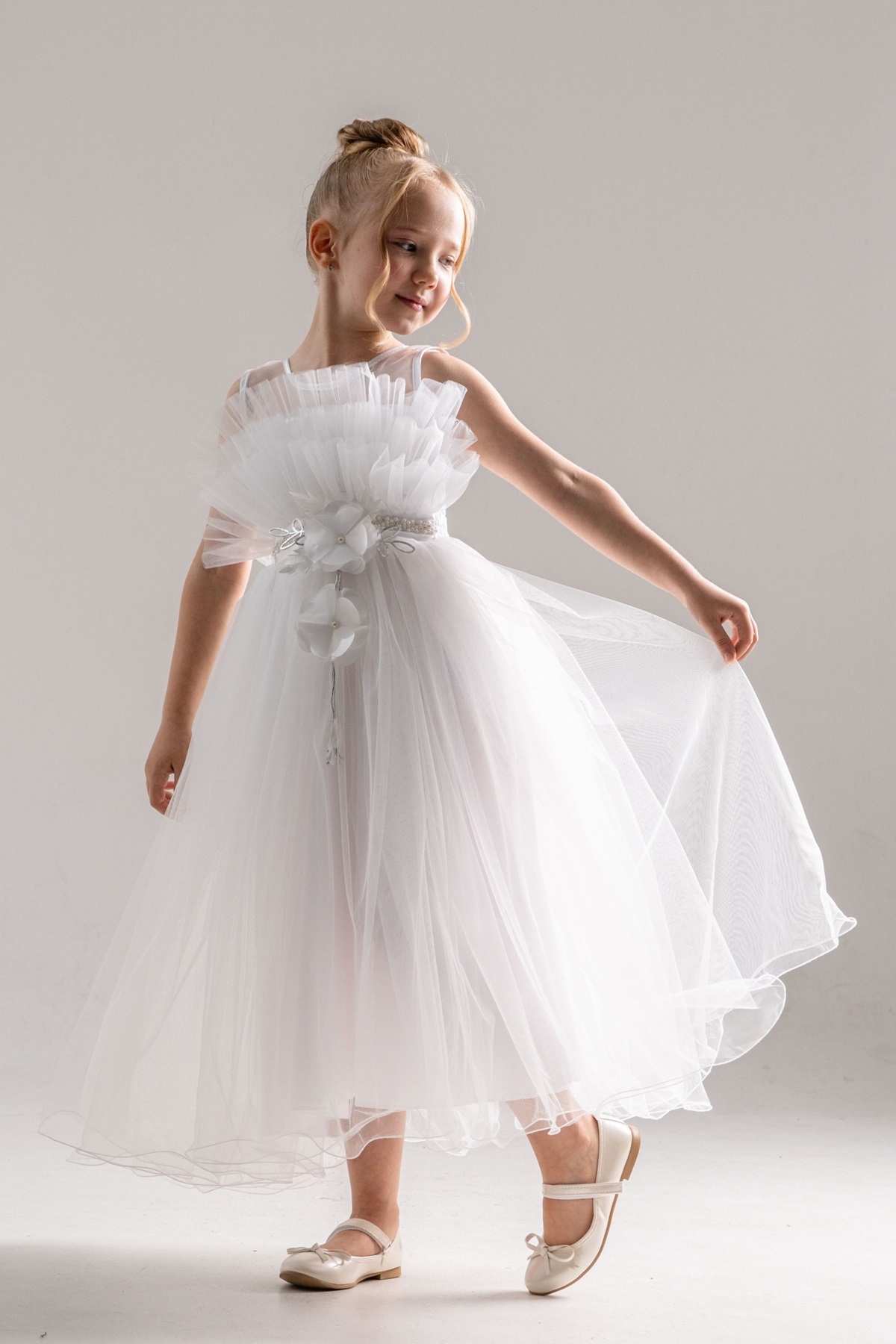 Mnk Baby&Kids Kız Çocuk Robası Katlı Özel Gün Abiye Elbise MNK0475 BEYAZ fotoğrafı 5 (önizleme)