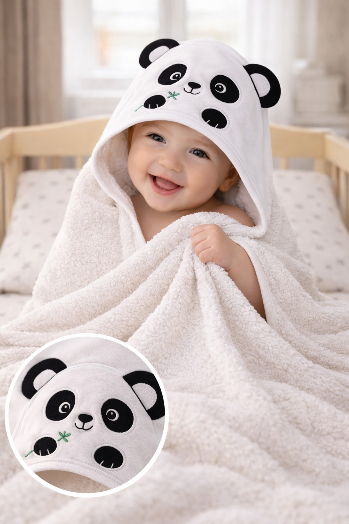 Tomuycuk %100 Pamuklu & Başlıklı Bebek Banyo Havlusu - Panda Nakışlı & Havlu- Yumuşak & Su Emici Hediyelik fotoğrafı 2 (önizleme)