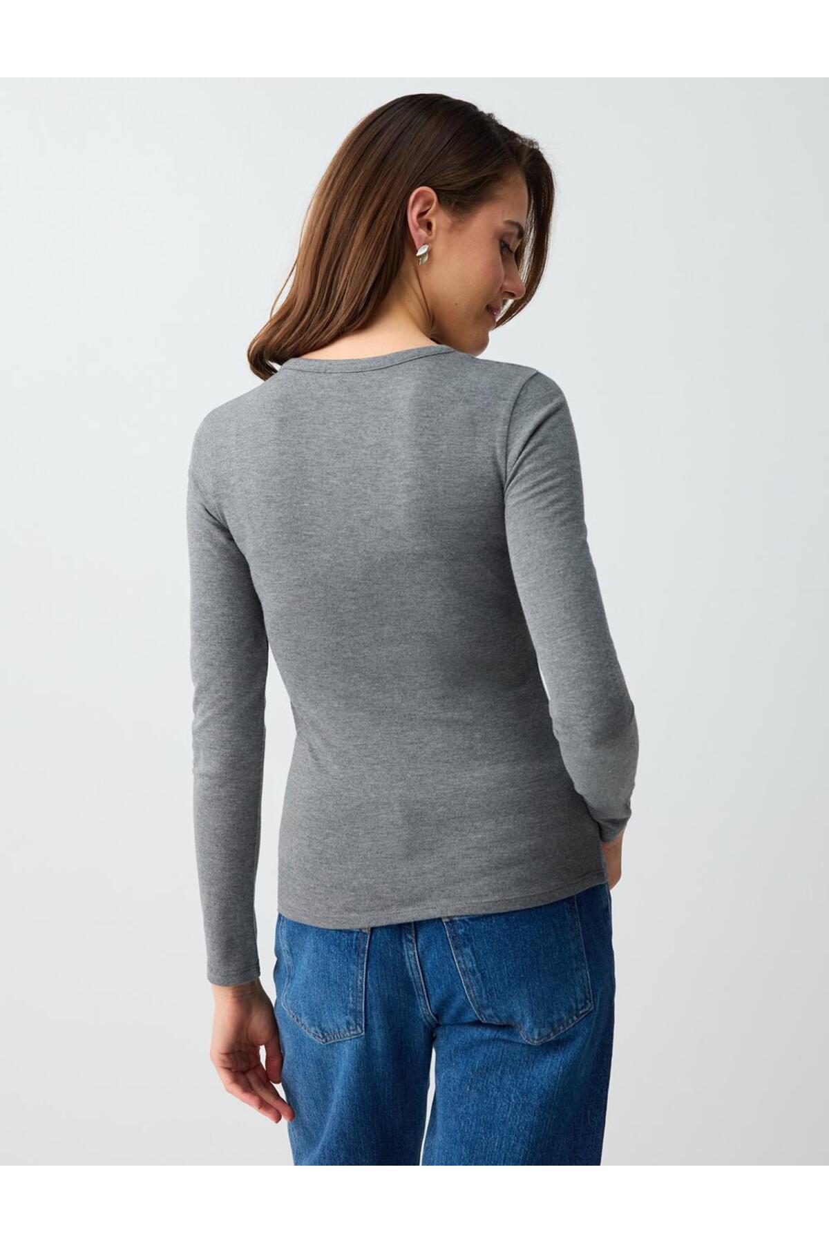 Jimmy Key  Antrasit Dar Kesim Bisiklet Yaka Düğme Detaylı Örme Bluz - Görsel 5