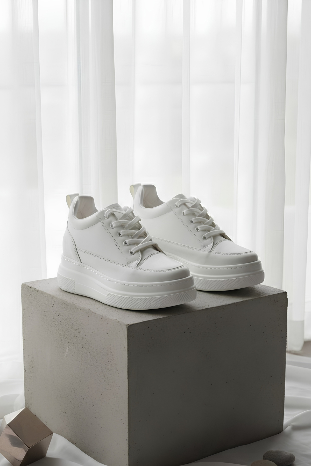 BonuStep  CloudLift Kadın Beyaz Gizli Topuk Bağcıklı Sneaker Günlük Rahat Spor Ayakkabı Boy Uzatan 8cm