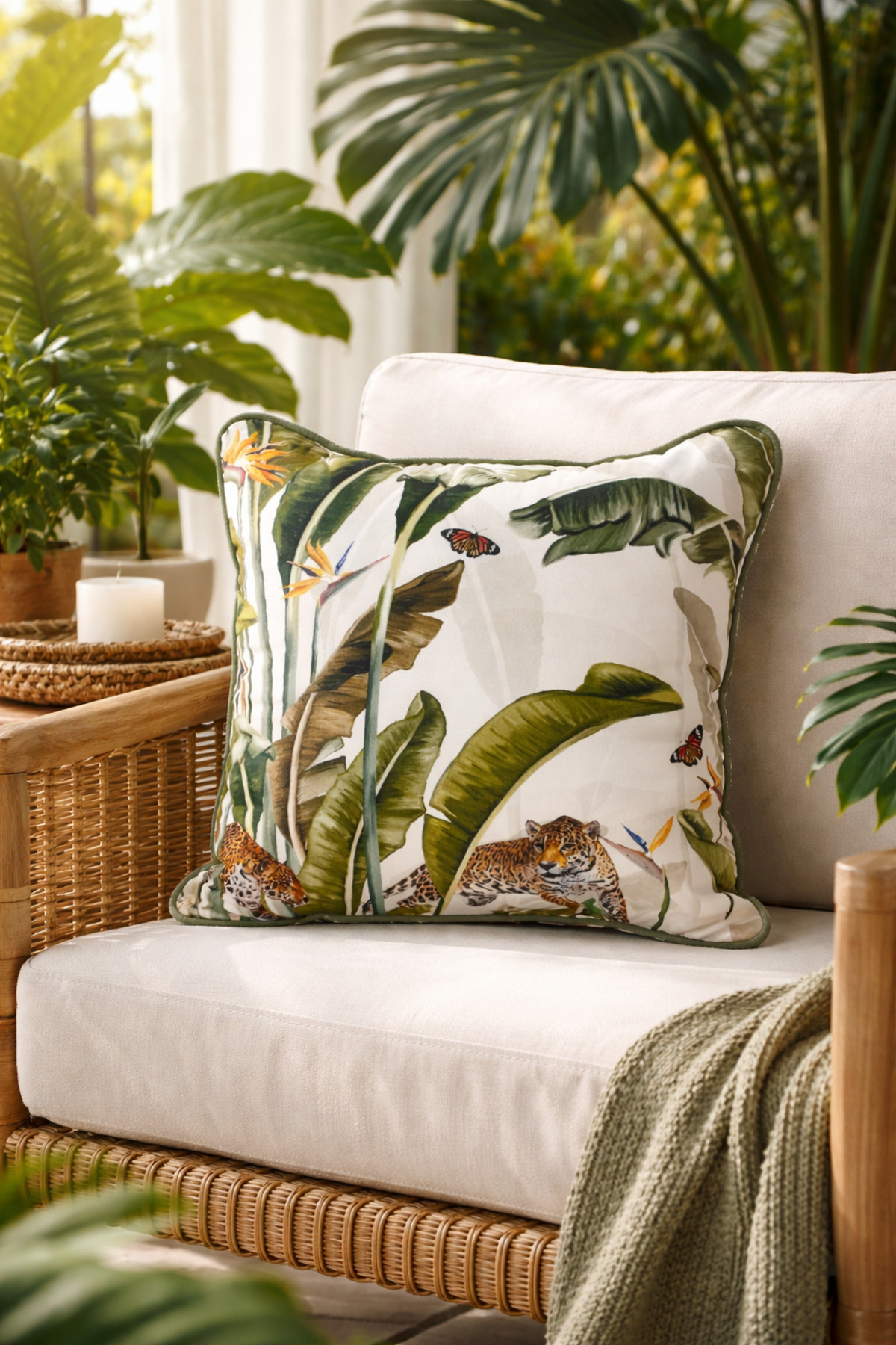 SAVANNAH Leaf and Leopard Pattern Decorative Pillow Sham 45x45 Cm | Digital Printing Cream-green