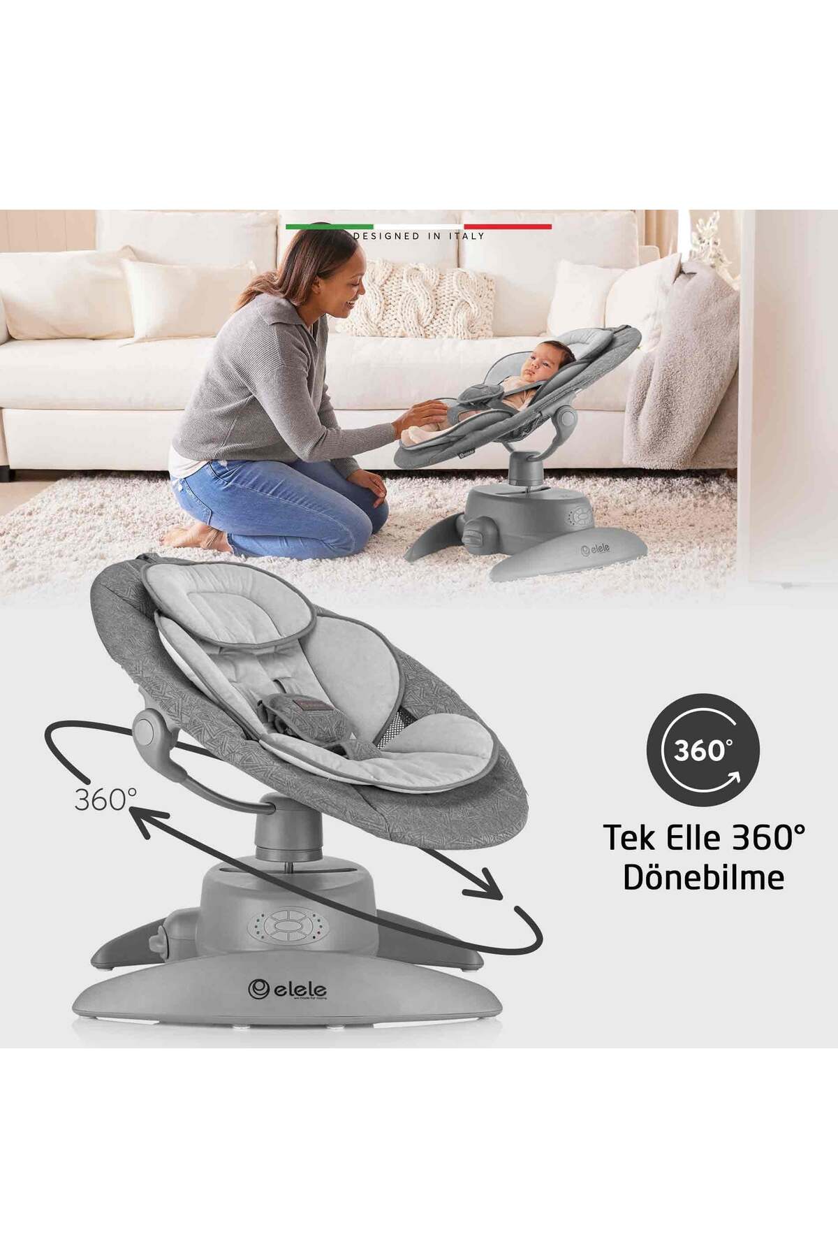 Elele Roma Lüks Elektrikli Otomatik Sallanan Ana Kucağı 360° Dönebilen Kademeli Antrasit fotoğrafı 2 (önizleme)