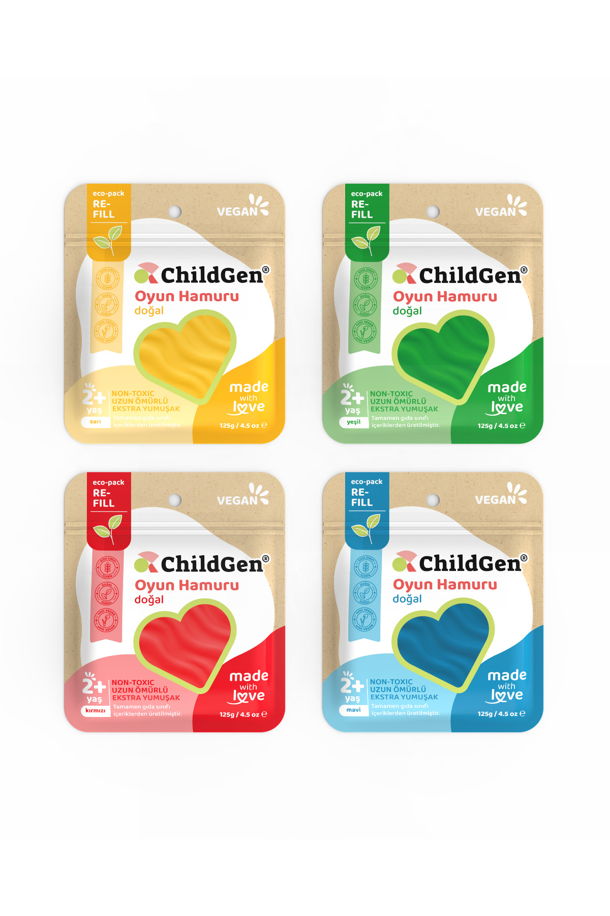 ChildGen Doğal Oyun Hamuru - 4lü Set 4x125 Gr Vakumlu Kartuş Paket - (ecopack-refill)