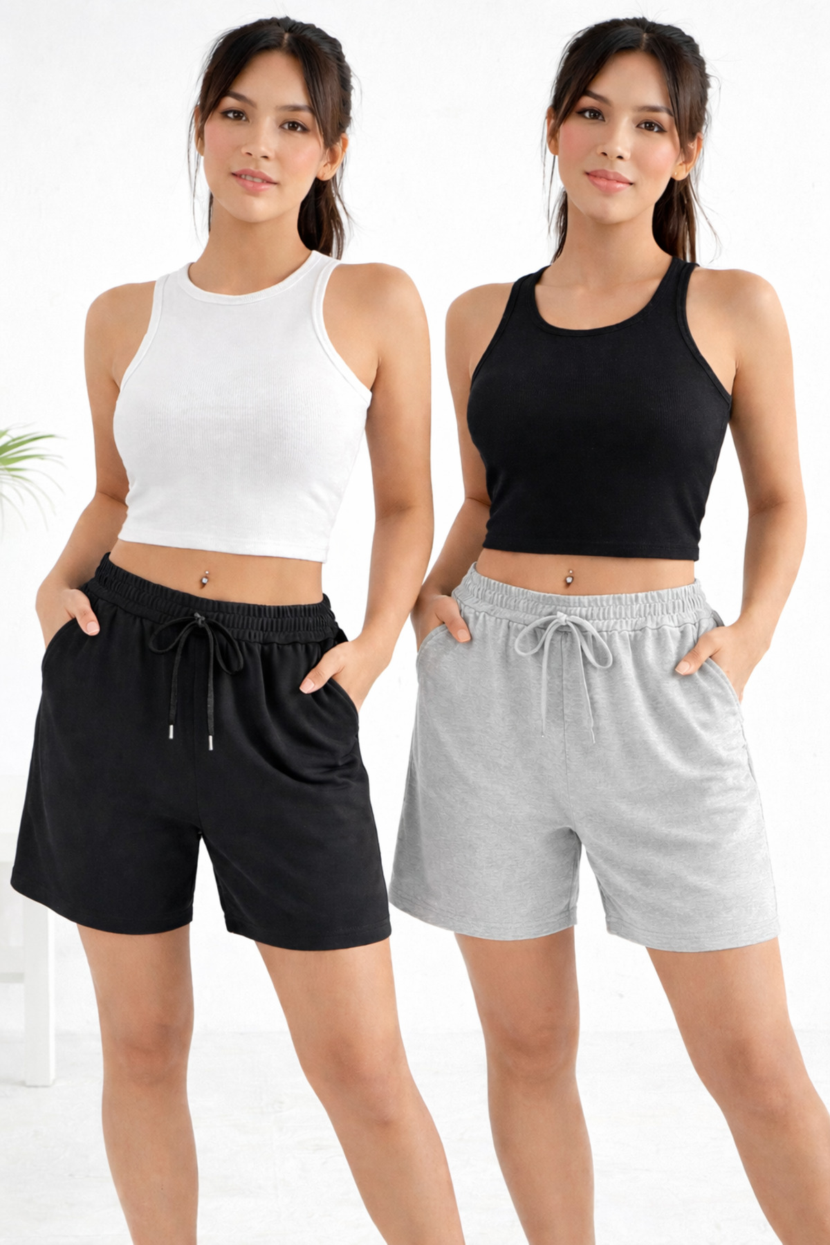 Women's 2-Piece Shorts Set Black-Grey Basic Casual Casual Shorts with Comfortable Fit and Elastic Waist
