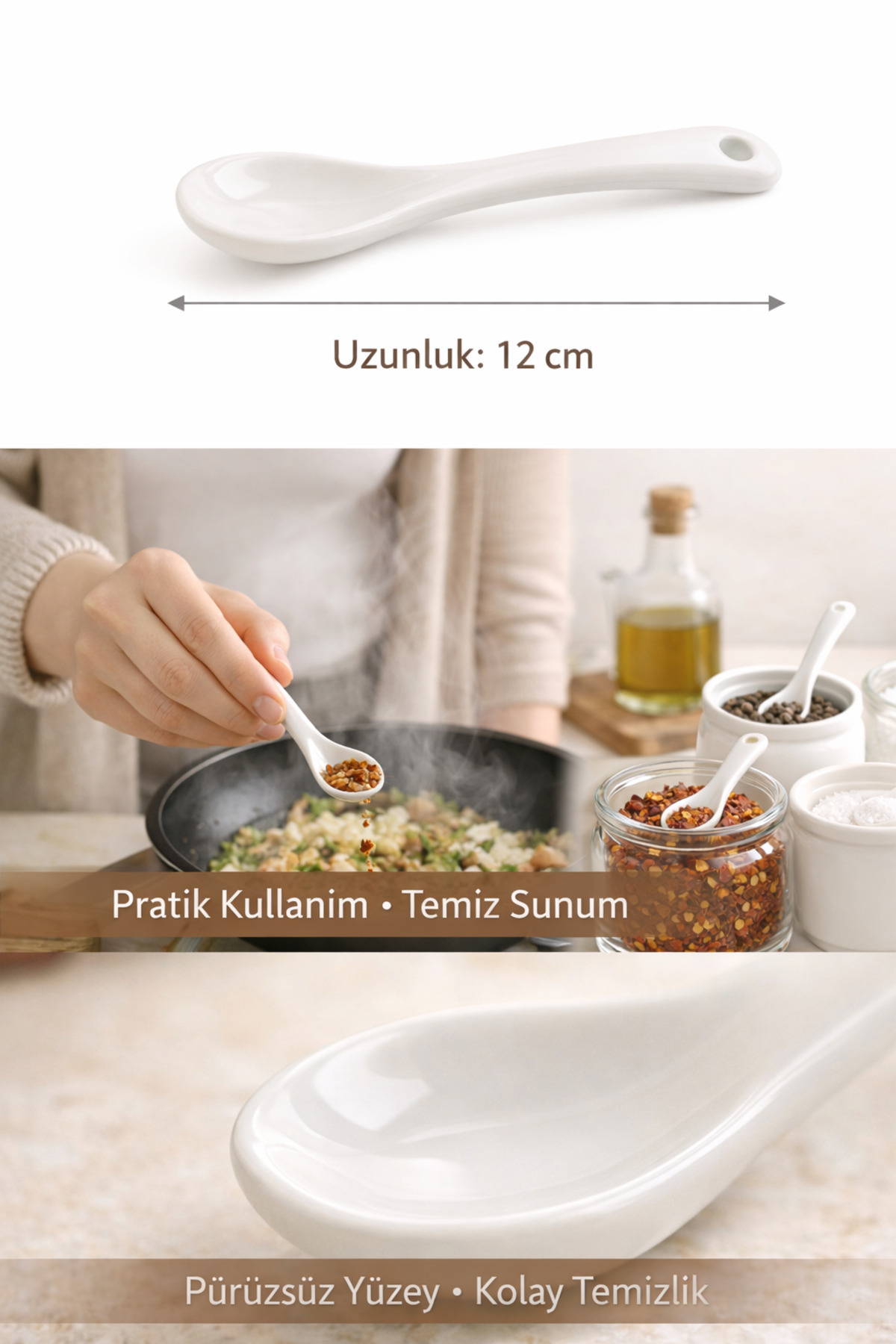 EcoVibe 6 Adet Beyaz Porselen Servis ve Baharat Kaşığı Mama Şeker Çay Tatlı Reçel Kahvaltılık Kaşığı 12cm fotoğrafı 4 (önizleme)