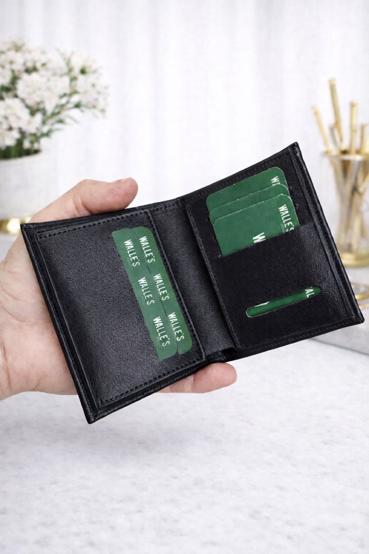 Walle's Polo  Siyah Vegan Deri Spor Model İnce Nakit Para Bölmeli Erkek Cüzdan-kartlık - Görsel 4