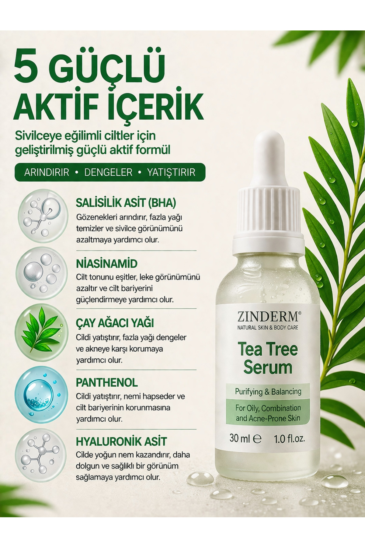 Akne Karşıtı Çay Ağacı Yağı Serum, Salisilik Asit, Niacinamide, Hyaluronik Asit Çay Ağacı Yağı Cilt Serumu 30 ML — zindermttoserum — تصویر 2 از 4