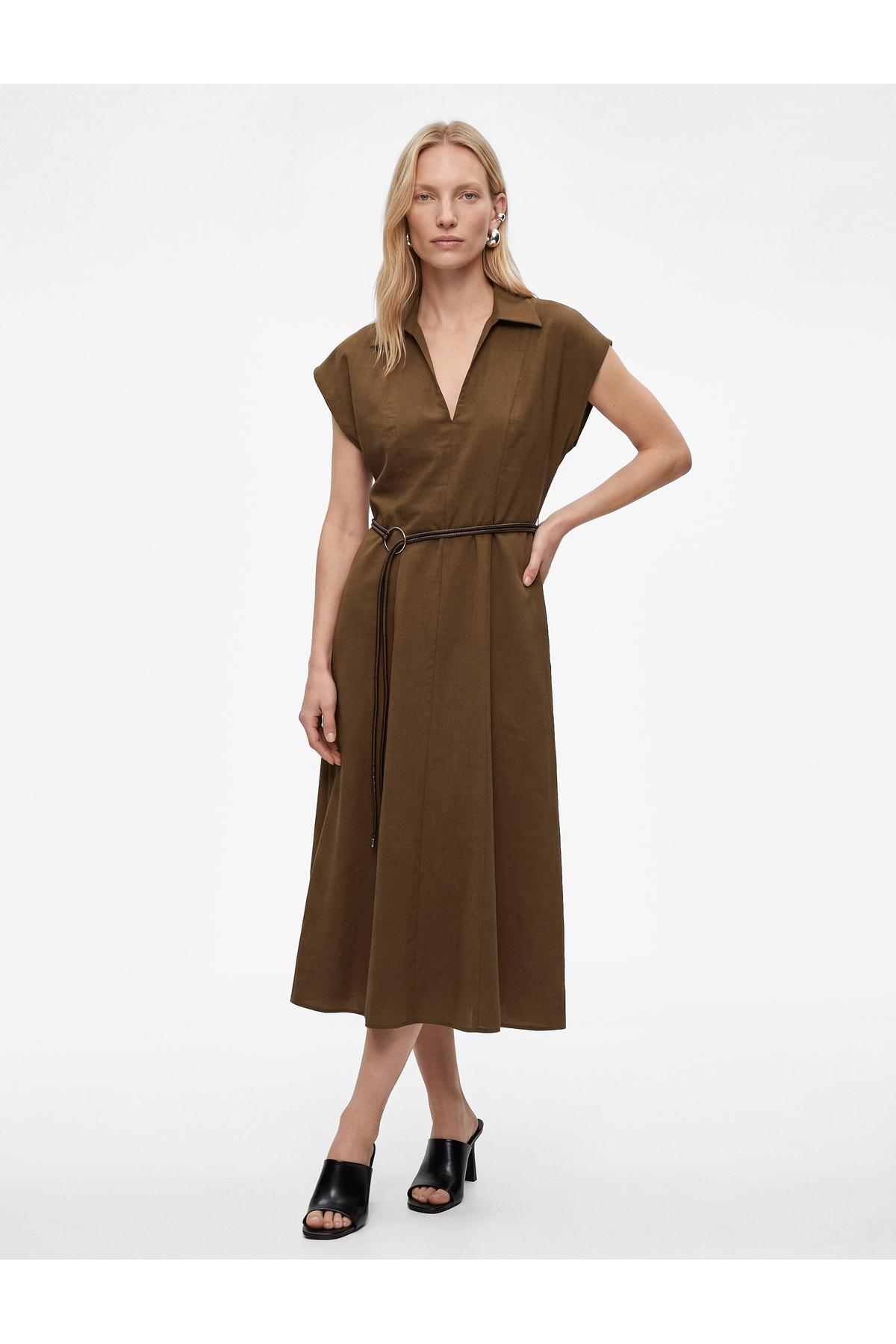 Koton  Kap Kol Kaçık Gömlek Yaka Kemerli Midi Elbise