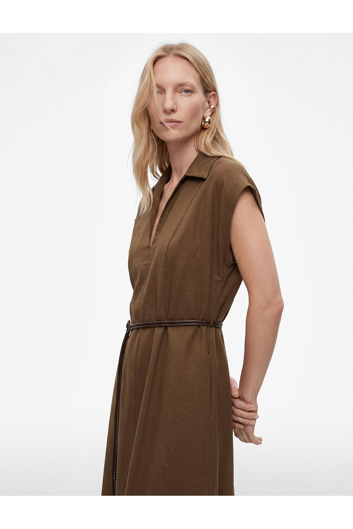 Koton  Kap Kol Kaçık Gömlek Yaka Kemerli Midi Elbise - Görsel 2