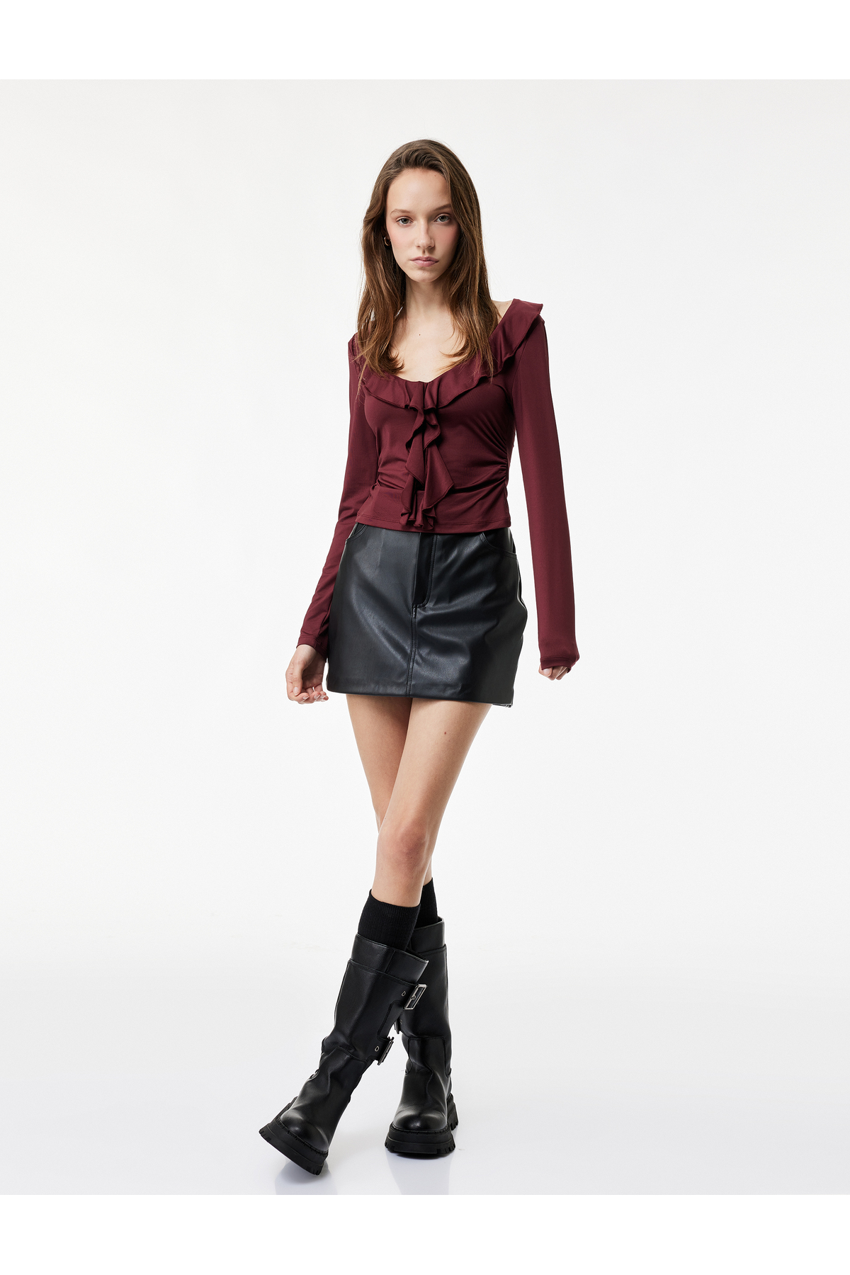 Koton Ruffle Detailed Long Sleeve Slim Fit V-Neck T-Shirt
