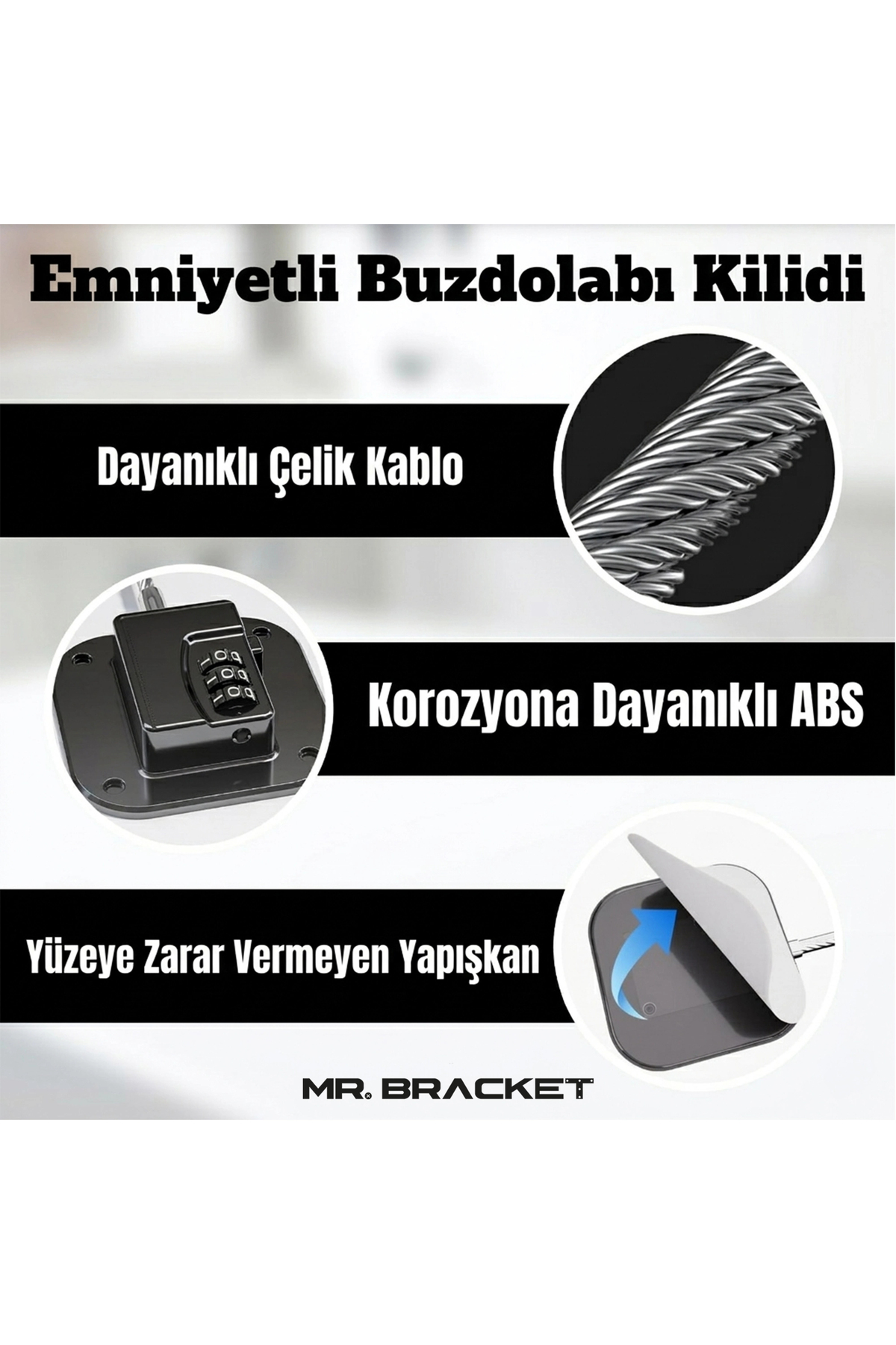 MR.BRACKET Şifreli Çelik Halatlı Yapışkanlı Çocuk Güvenlik Kilidi Siyah Pencere Cam Dolap Buzdolabı Kapak Kilit fotoğrafı 6 (önizleme)