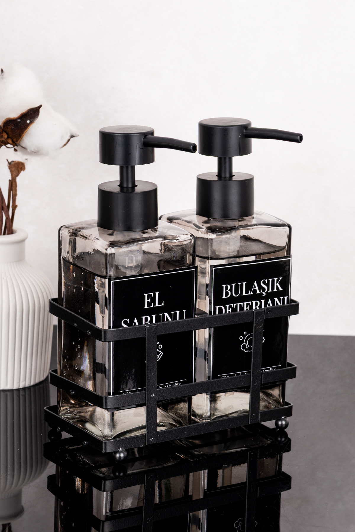 Double Glass Liquid soap dispenser Black Soap Dispenser with Black Lid and Label with Black Metal Stand Detergent Set