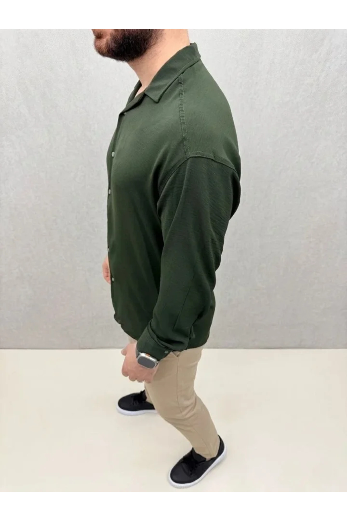 GETFAY Erkek Aerobin Kumaş Oversize 4 Mevsim Uzun Kollu Rahat Kalıp Gömlek 10326-Haki fotoğrafı 3 (önizleme)