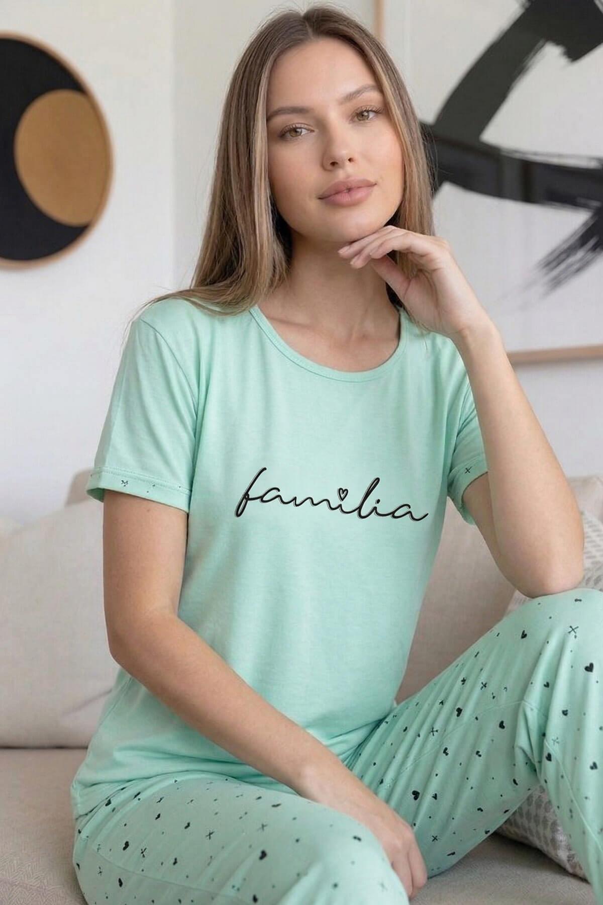 Pijamaevi Mint Familia Desenli Bambu Kısa Kol Kadın Pijama Takımı