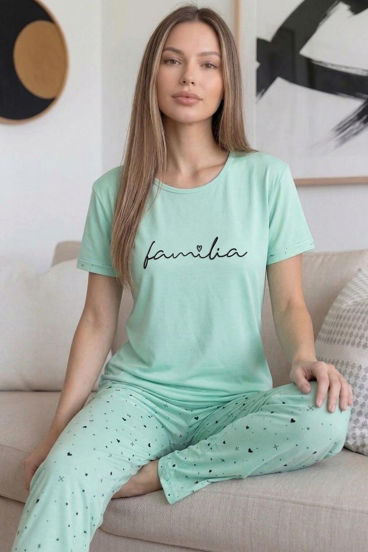 Pijamaevi Mint Familia Desenli Bambu Kısa Kol Kadın Pijama Takımı görsel 2