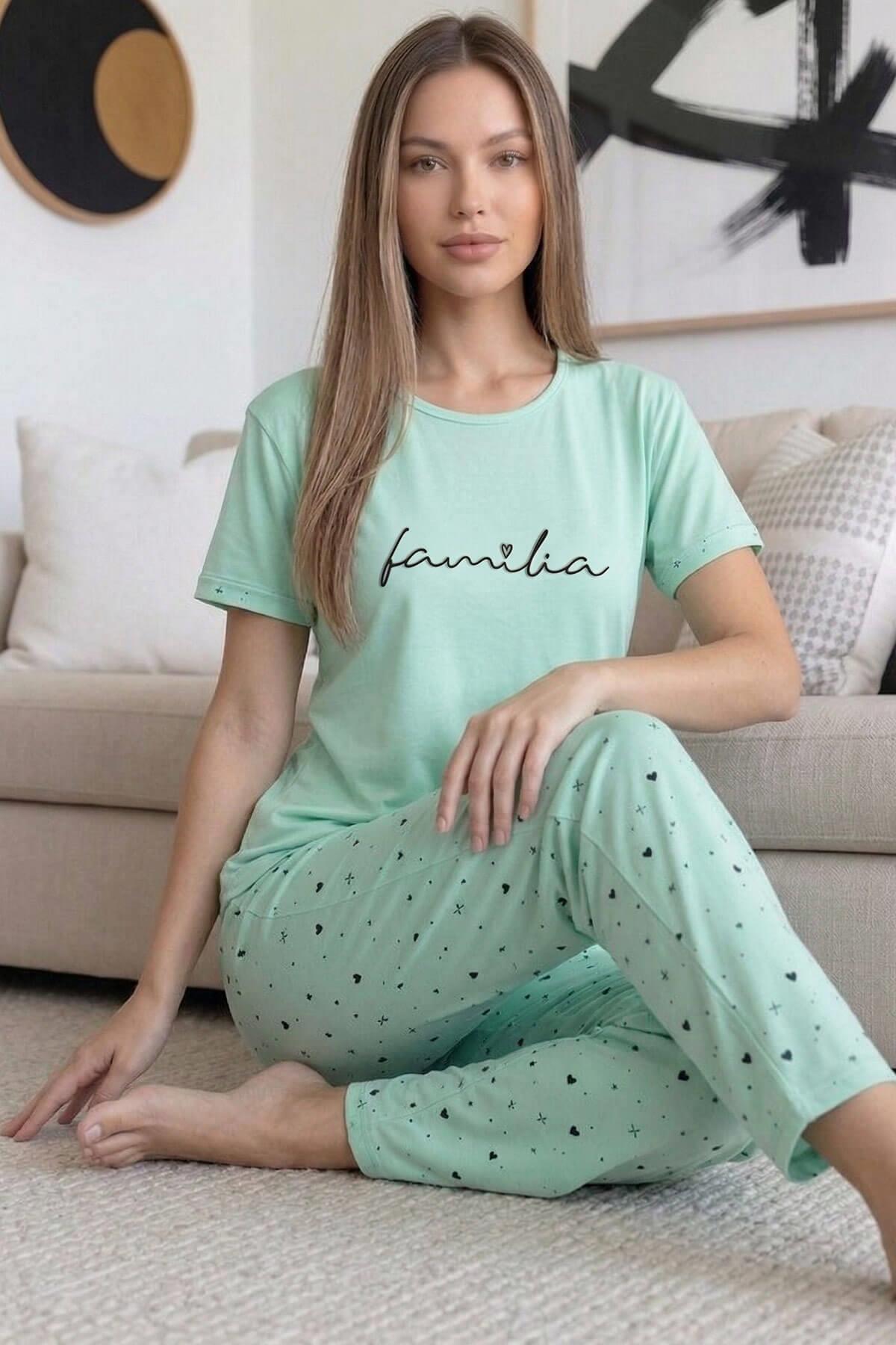 Pijamaevi Mint Familia Desenli Bambu Kısa Kol Kadın Pijama Takımı görsel 3