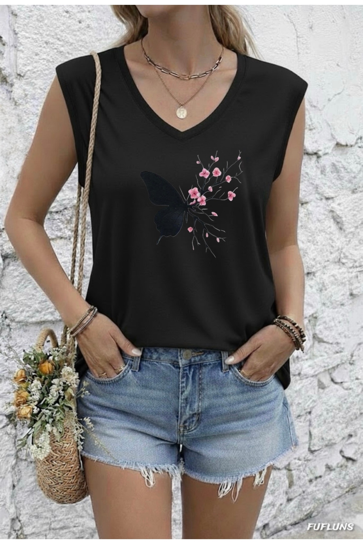 FUFLUNS SAKURA ÇİÇEK BASKILI KADIN OVERSİZE KOLSUZ T-SHIRT